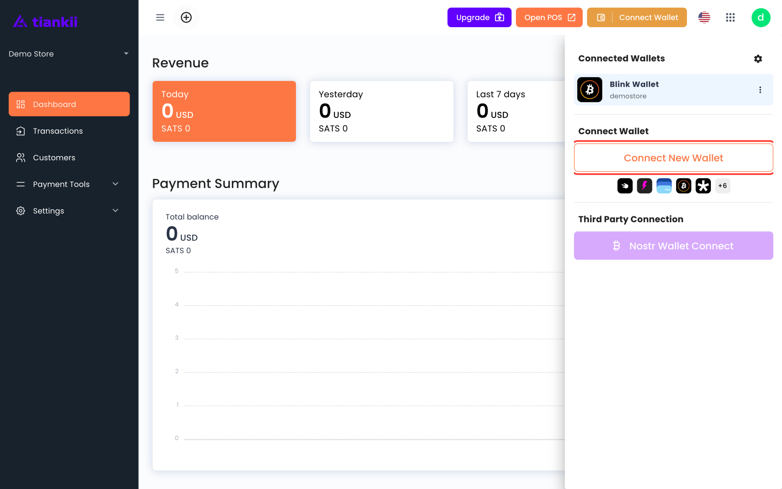 Header button Connect Wallet open, with Connected Wallets and Connect New Wallet. The sidebar is Dashboard, Transactions, Customers, Payment Tools and Settings.