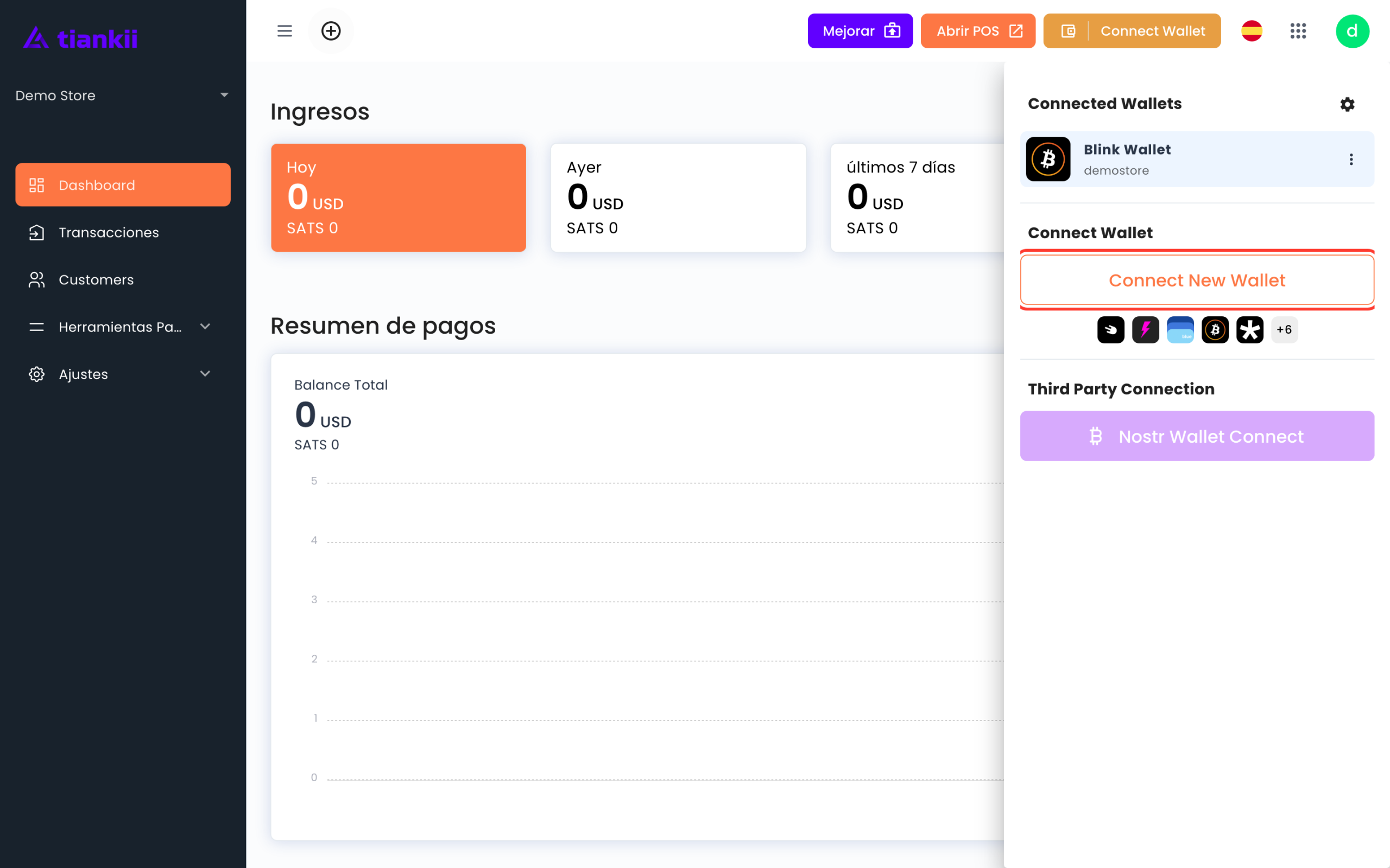 Botón Connect Wallet abierto, con Connected Wallets y Connect New Wallet. El menú es Dashboard, Transacciones, Customers, Herramientas de pago y Ajustes.