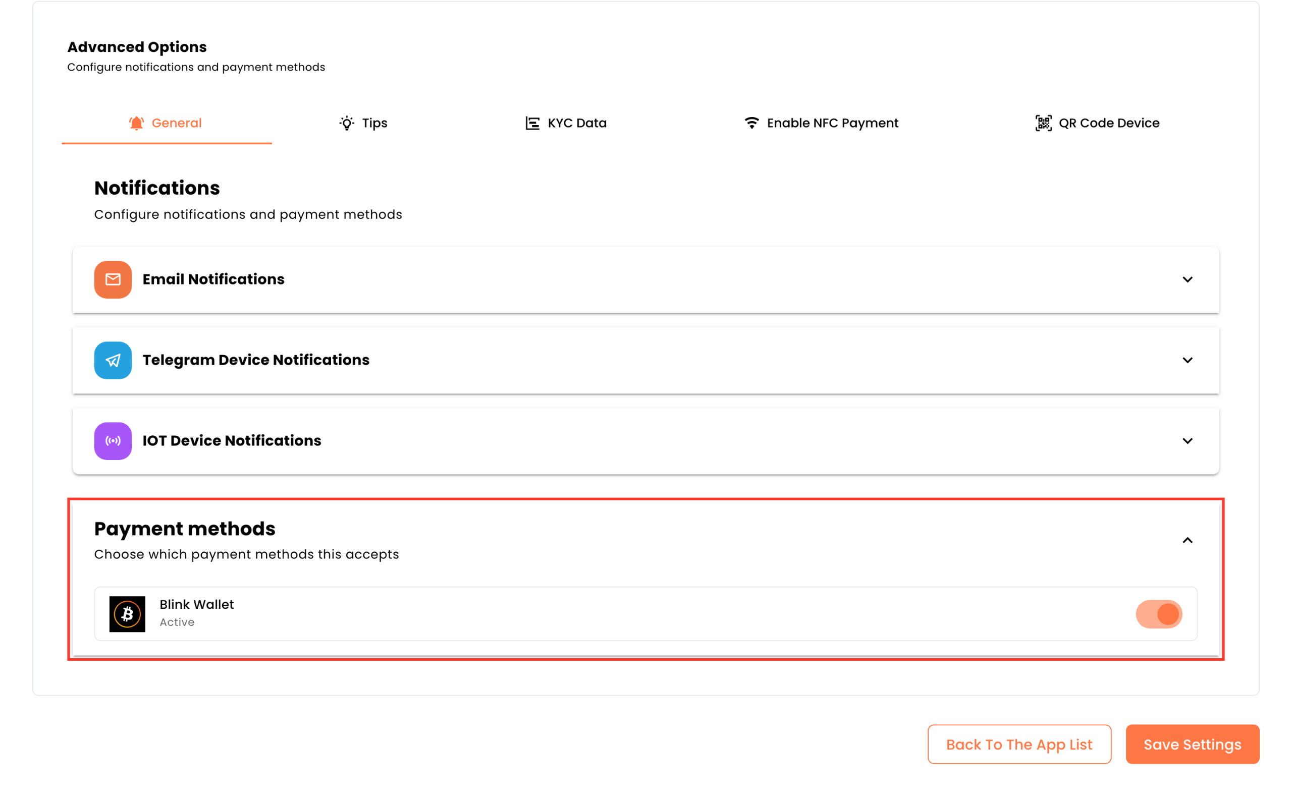 Advanced Options on a point of sale. Enable NFC Payment is a tab beside General, Tips, KYC Data and QR Code Device.