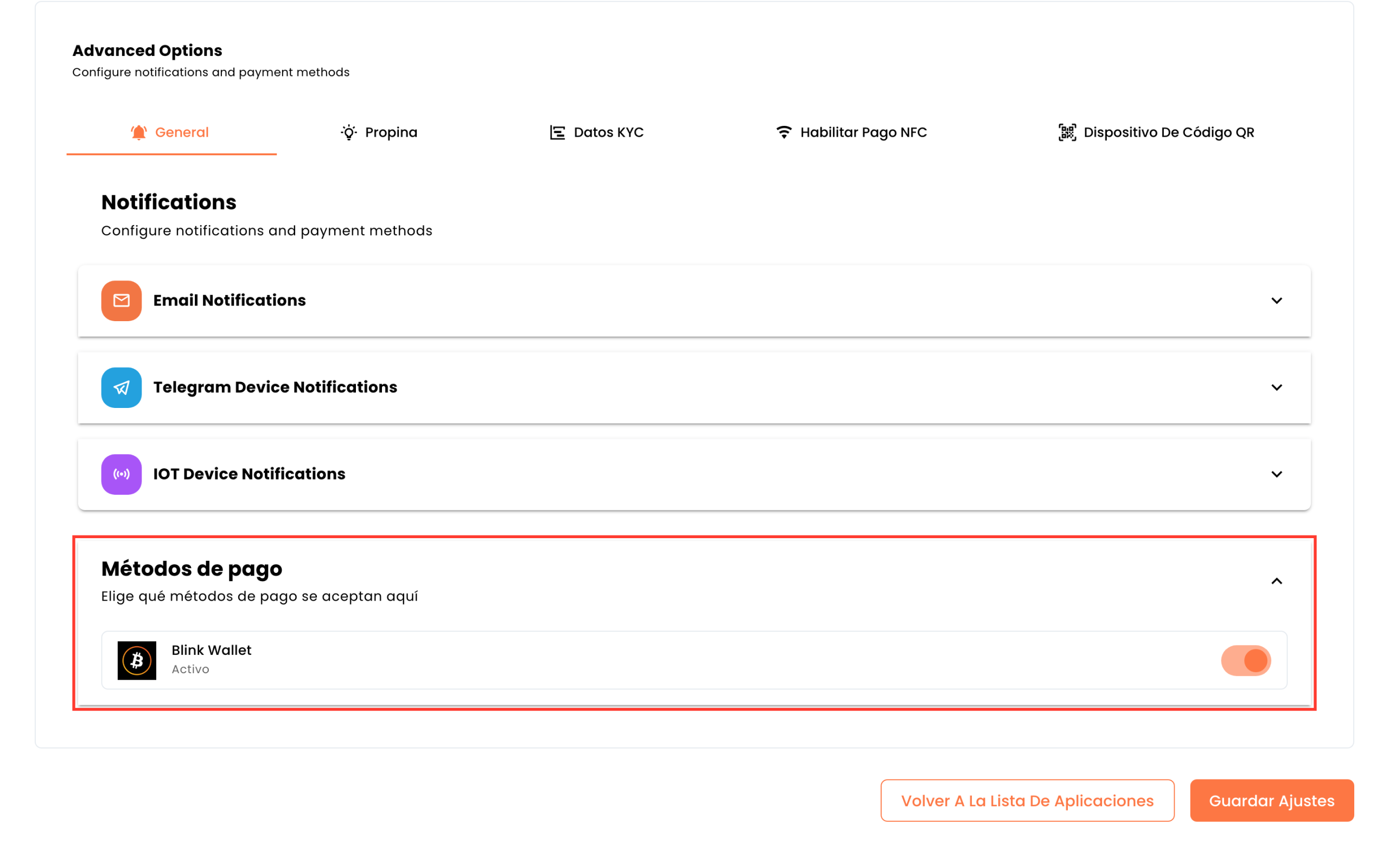 Advanced Options de un punto de venta. La pestaña Habilitar Pago NFC está junto a General, Propina, Datos KYC y Dispositivo De Código QR.