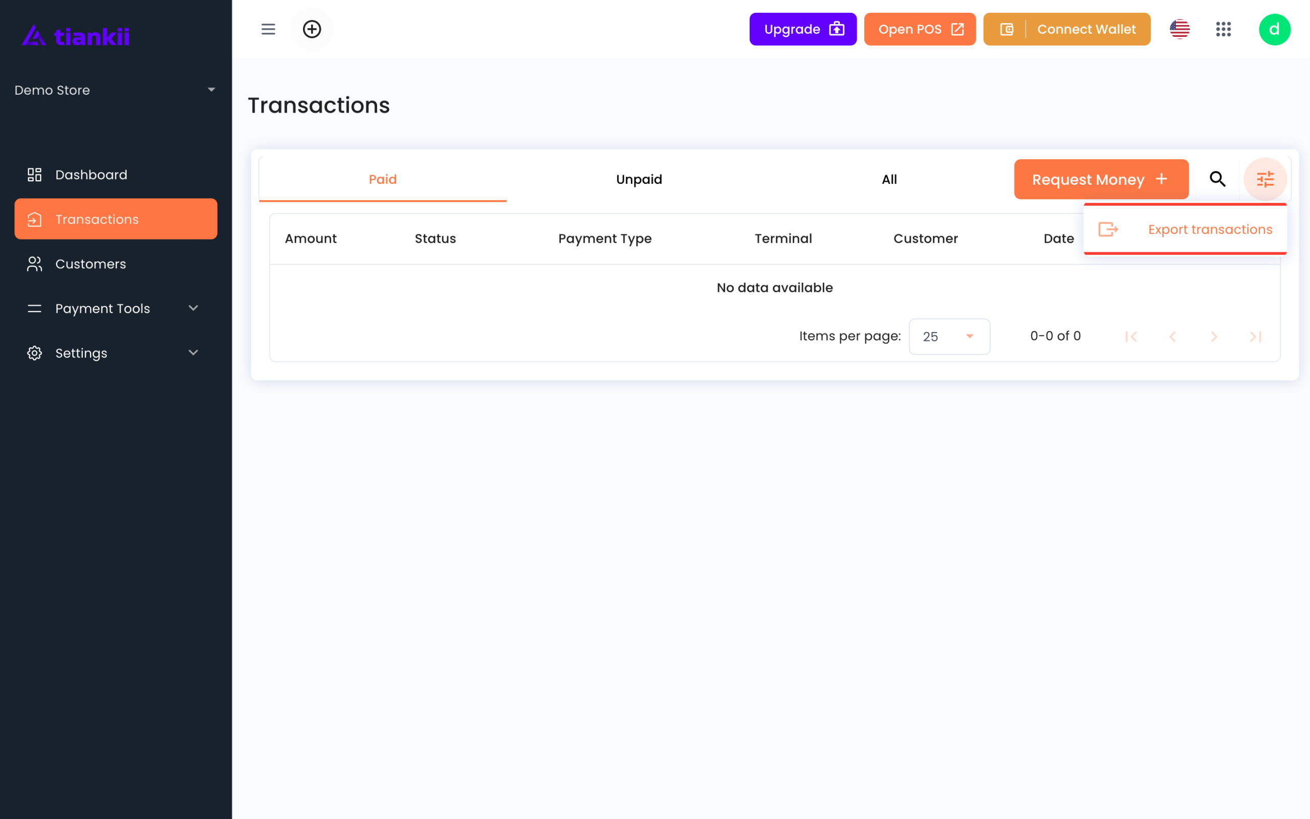 Transactions with filters Paid, Unpaid and All, and the action Export transactions. The sidebar has no Reports item.