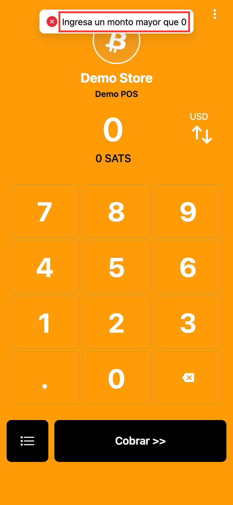 Teclado de tiankii POS. El monto 0 muestra Ingresa un monto mayor que 0.