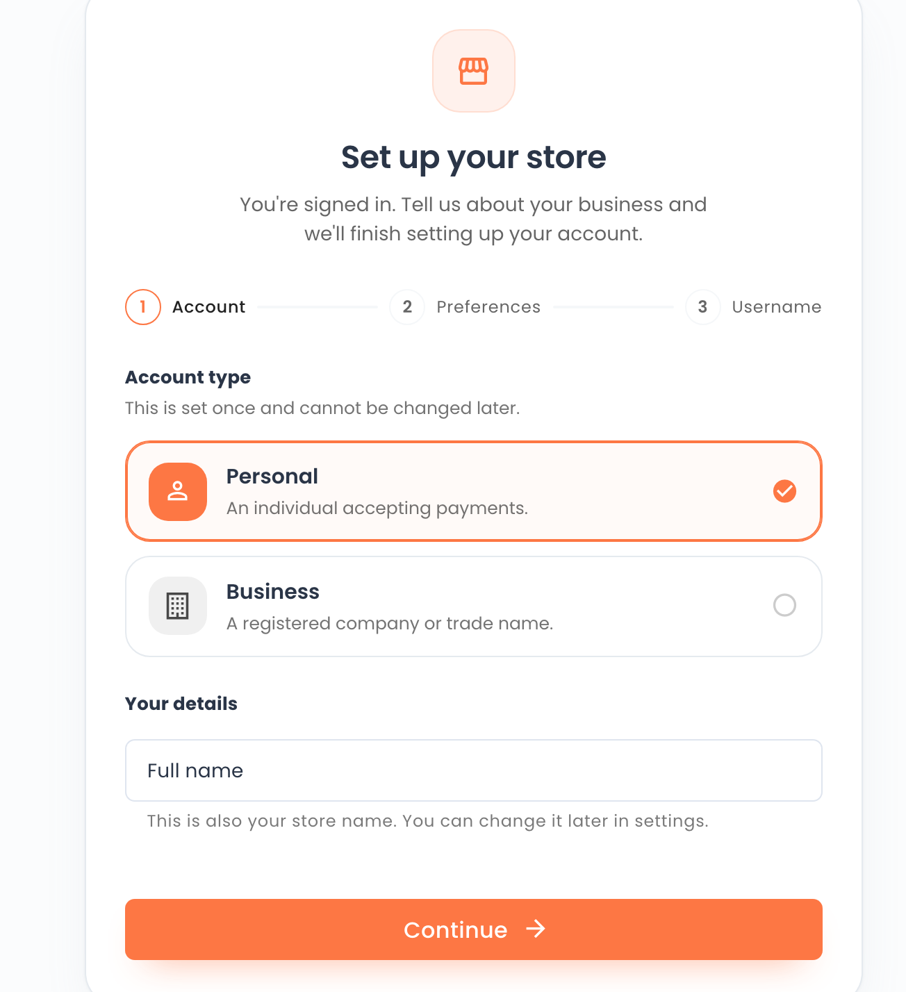 Set up your store on the Account step with Personal selected