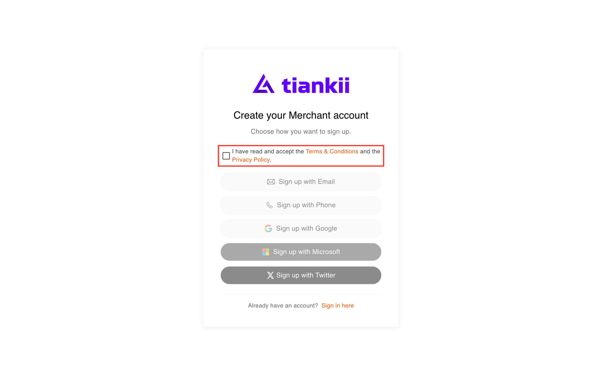 Create your Merchant account, con la casilla de términos vacía y los botones atenuados