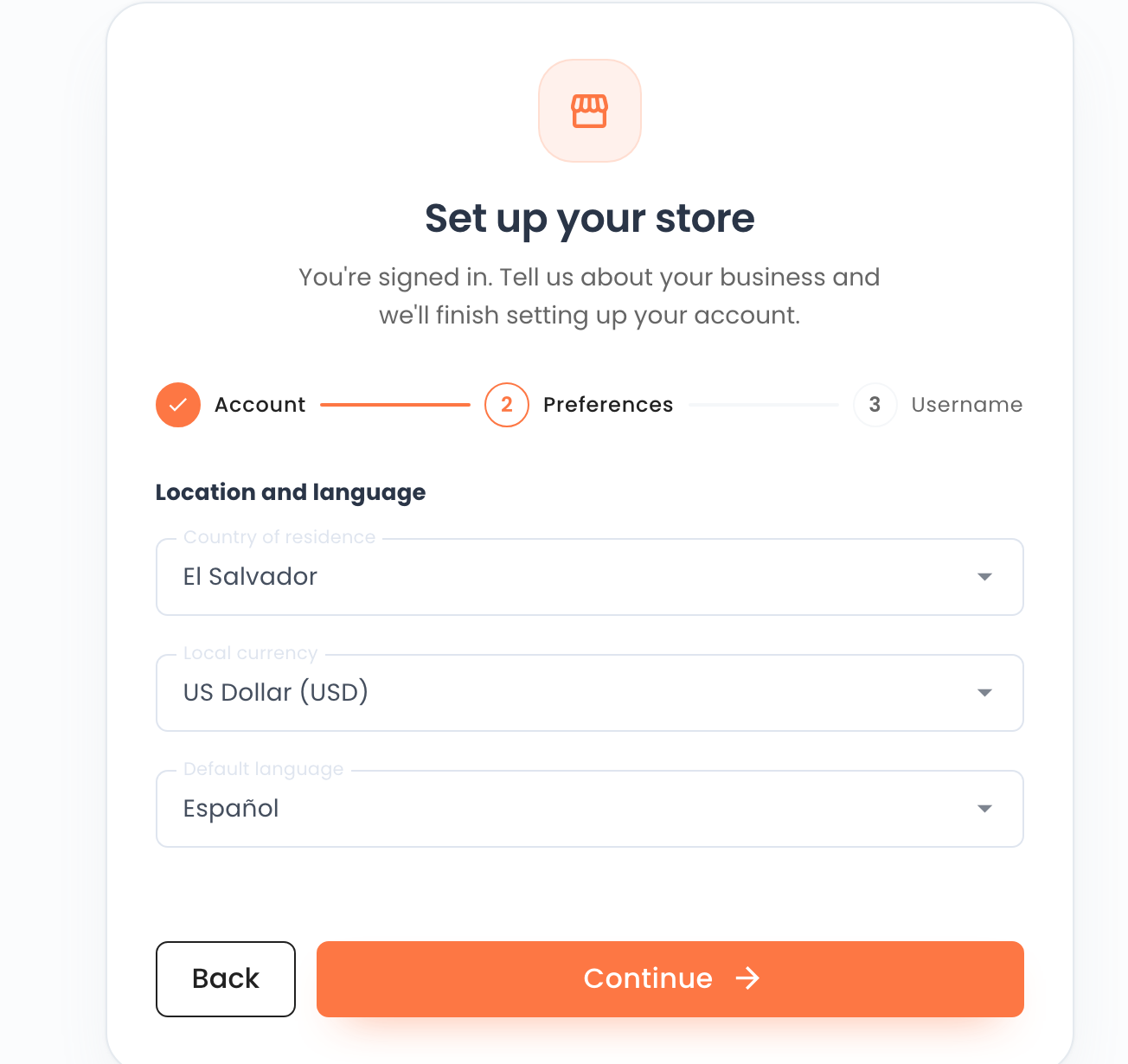 Set up your store on the Preferences step with country, currency and language already filled
