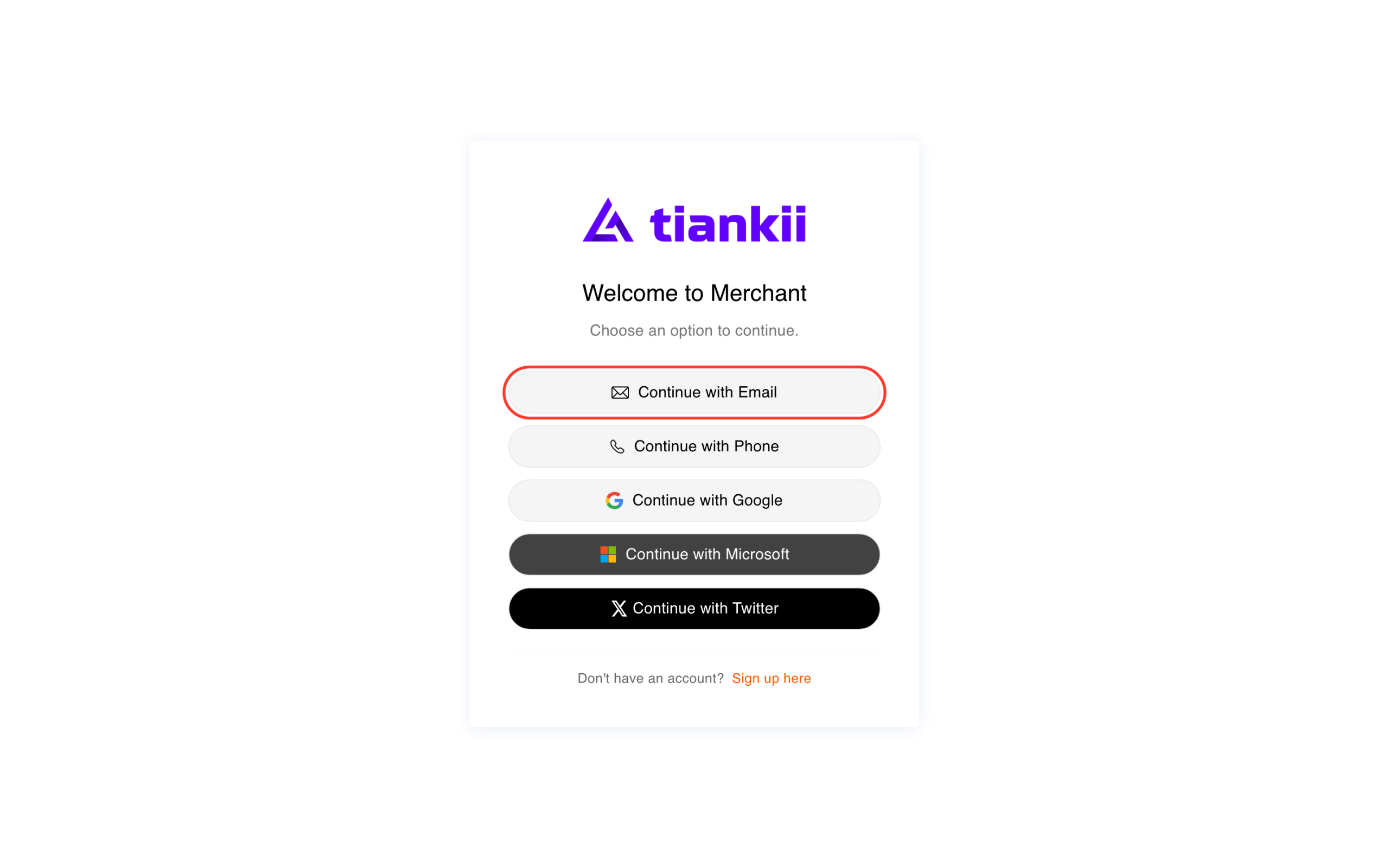 Welcome to Merchant, con Continue with Email resaltado