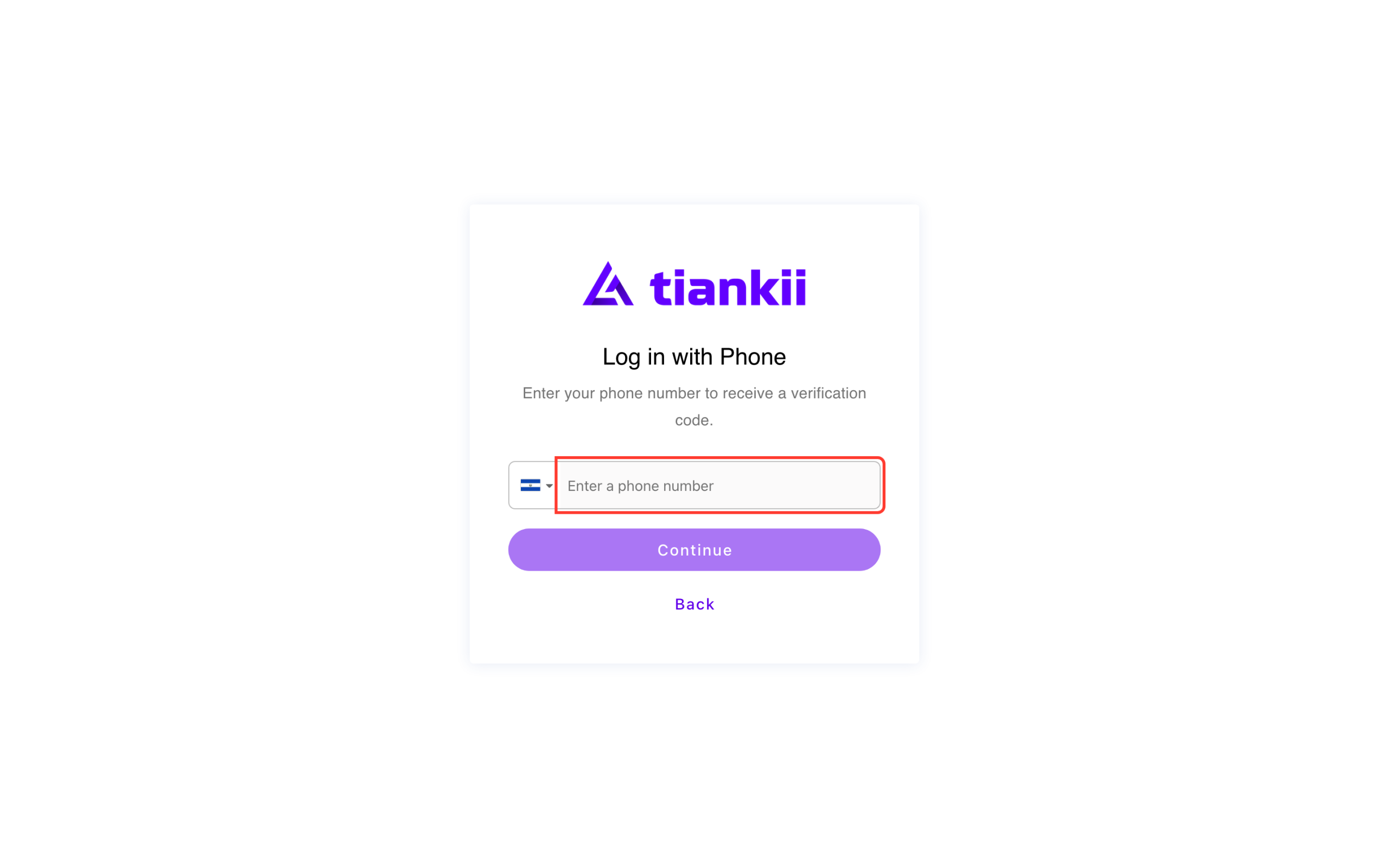 Log in with Phone, antes de escribir un número