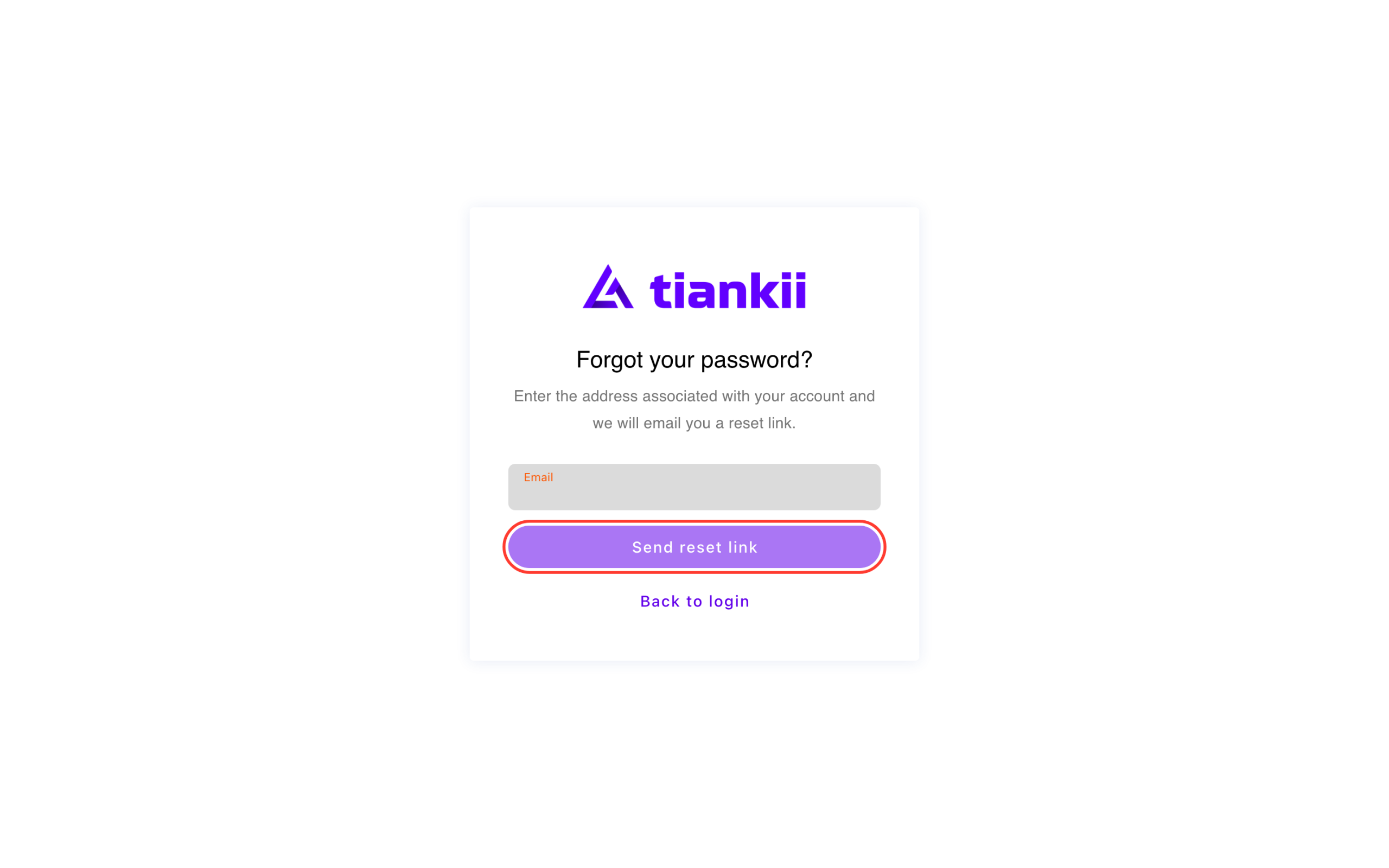 Forgot your password, with Send reset link highlighted and the email field empty