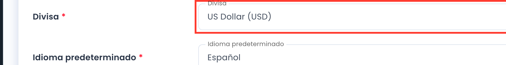Divisa e Idioma predeterminado en el perfil del comerciante