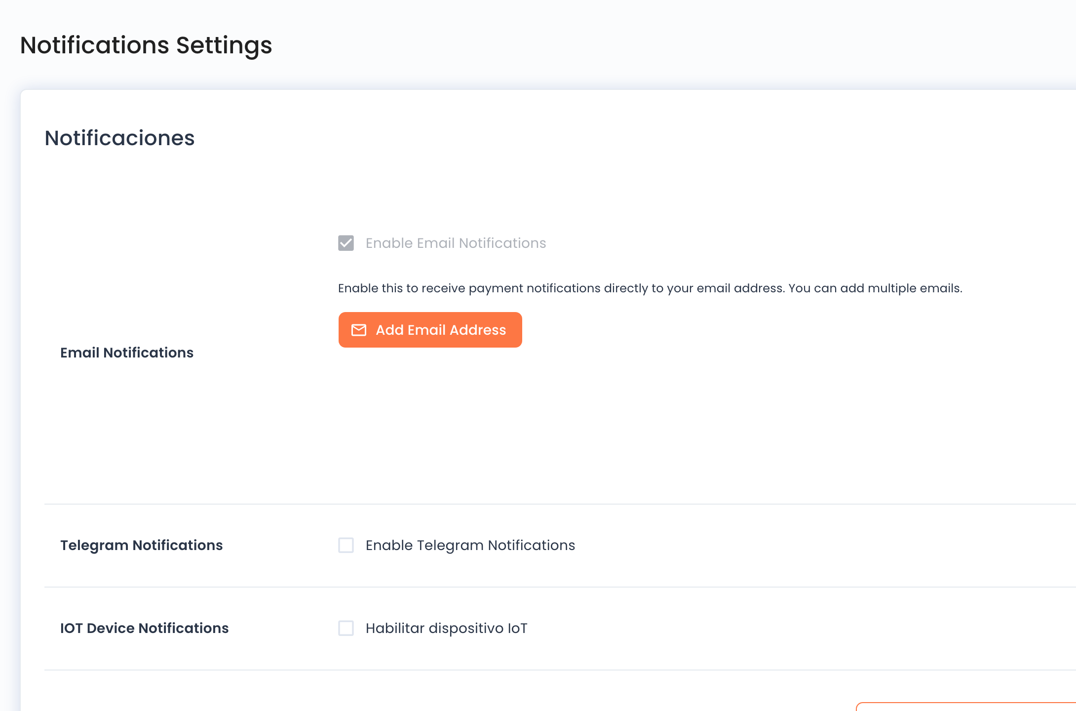 Interruptores de notificaciones de correo, Telegram e IoT