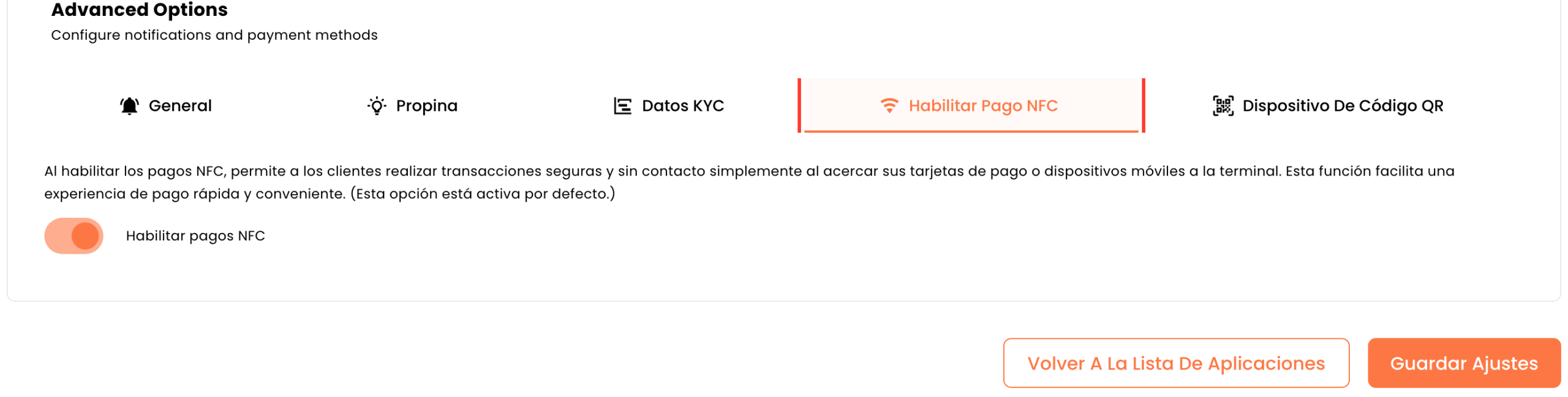 Pestaña Habilitar Pago NFC