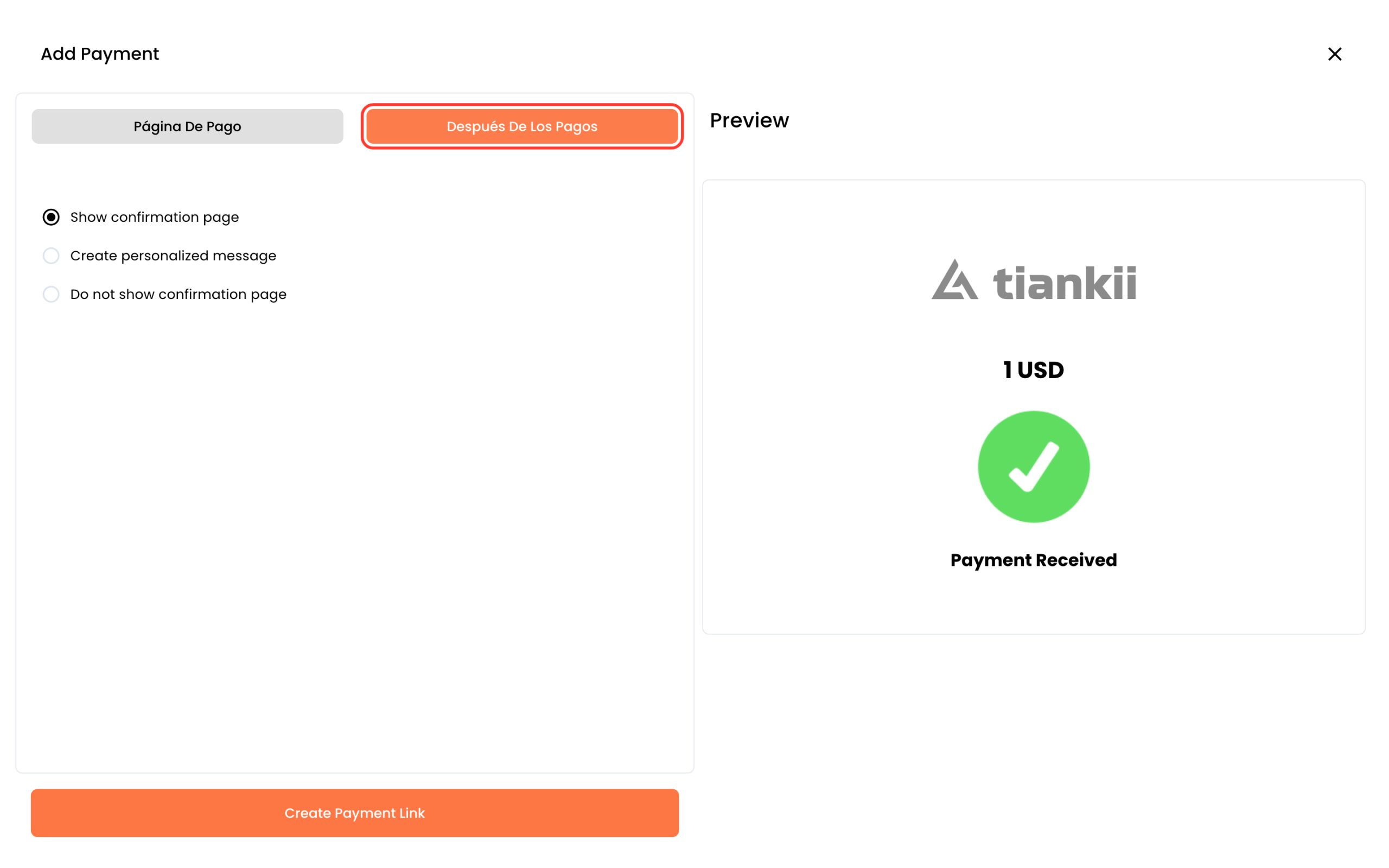 Después De Los Pagos, con Show confirmation page elegido