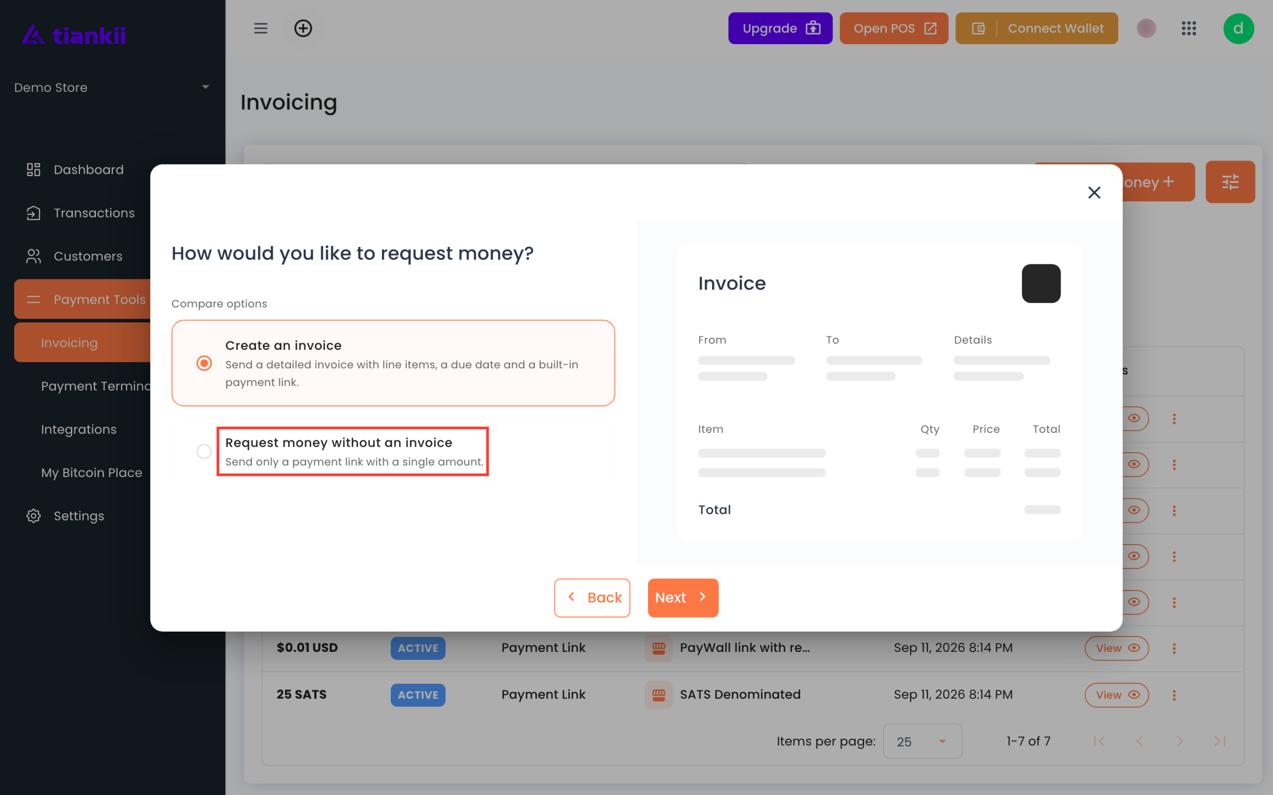 Choose a payment link without an invoice