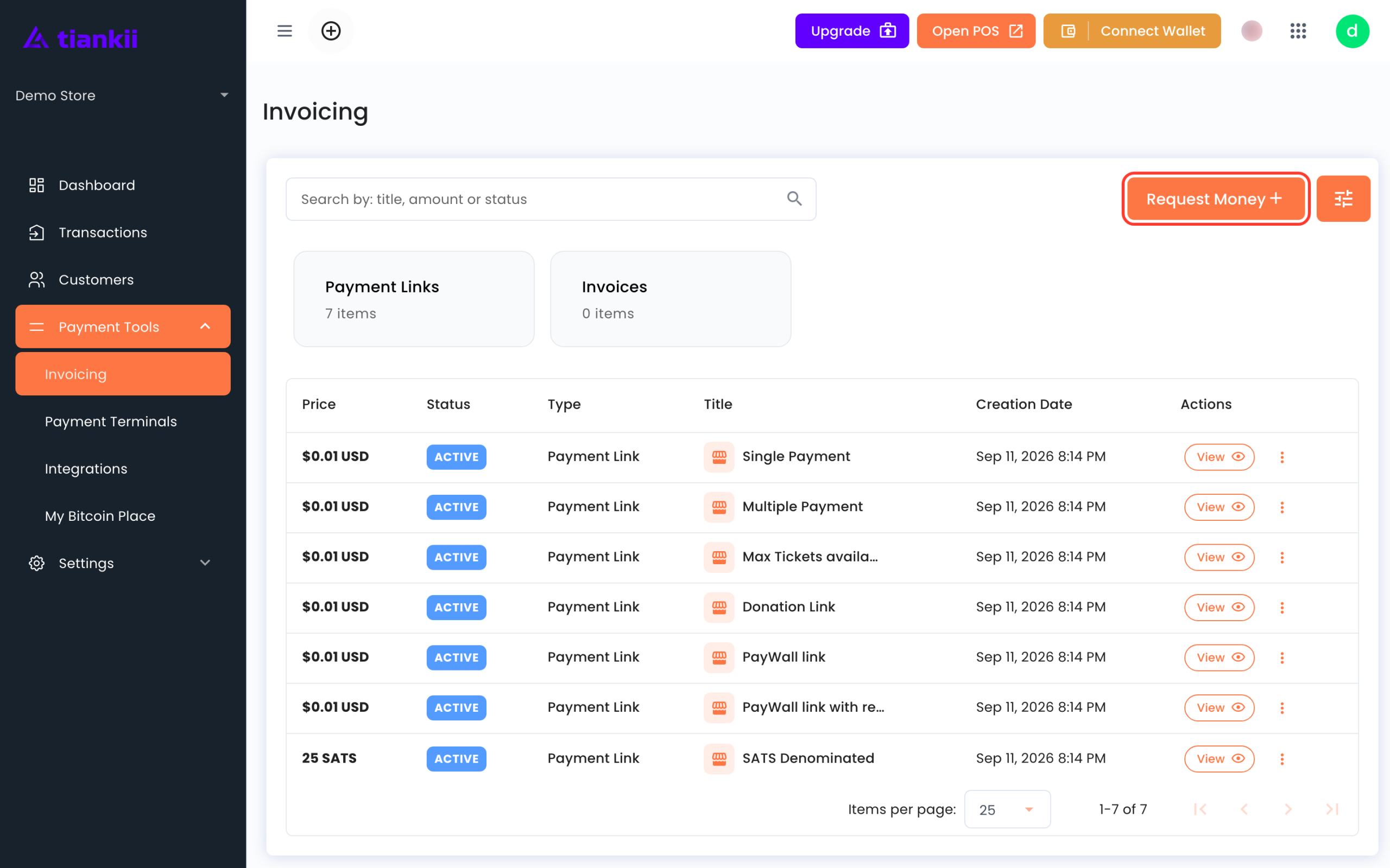 Request Money on the Invoicing page