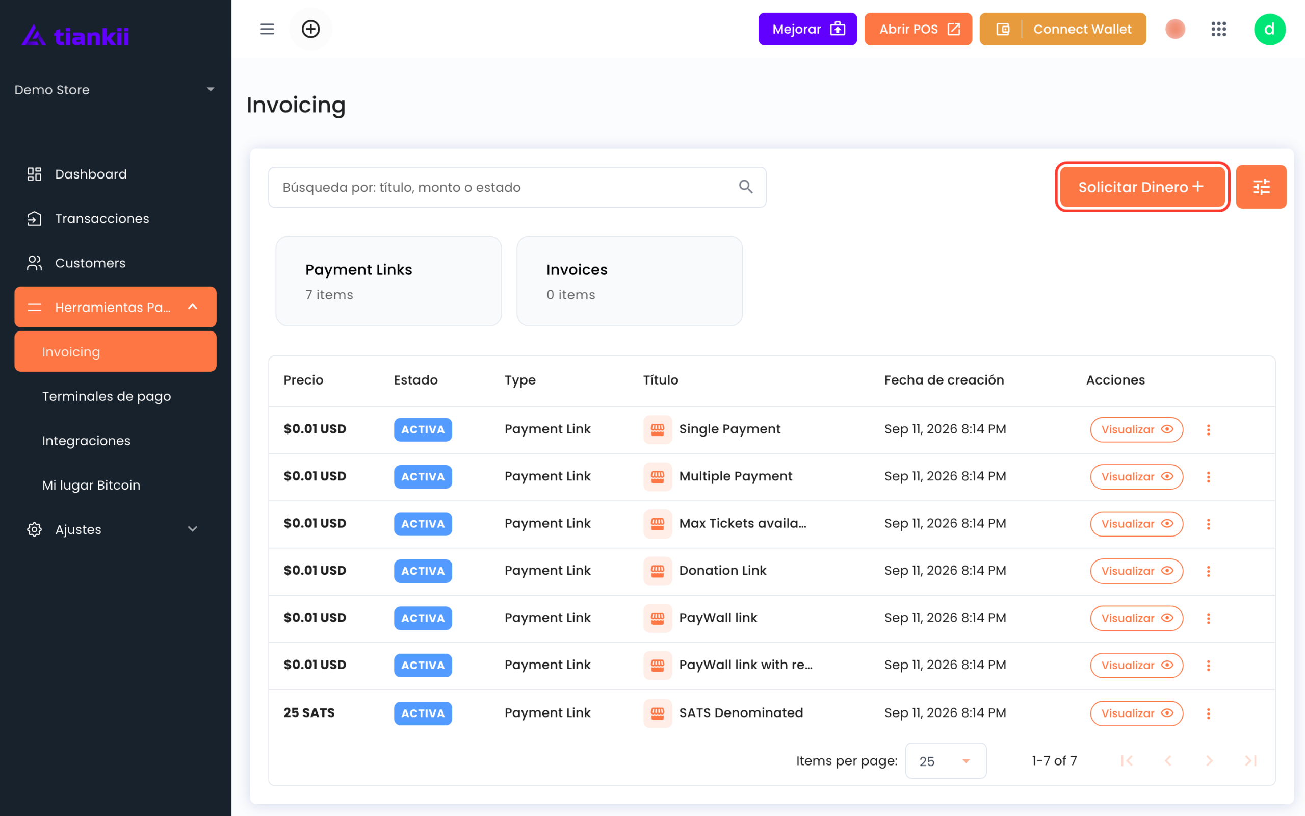Solicitar Dinero en la página Invoicing