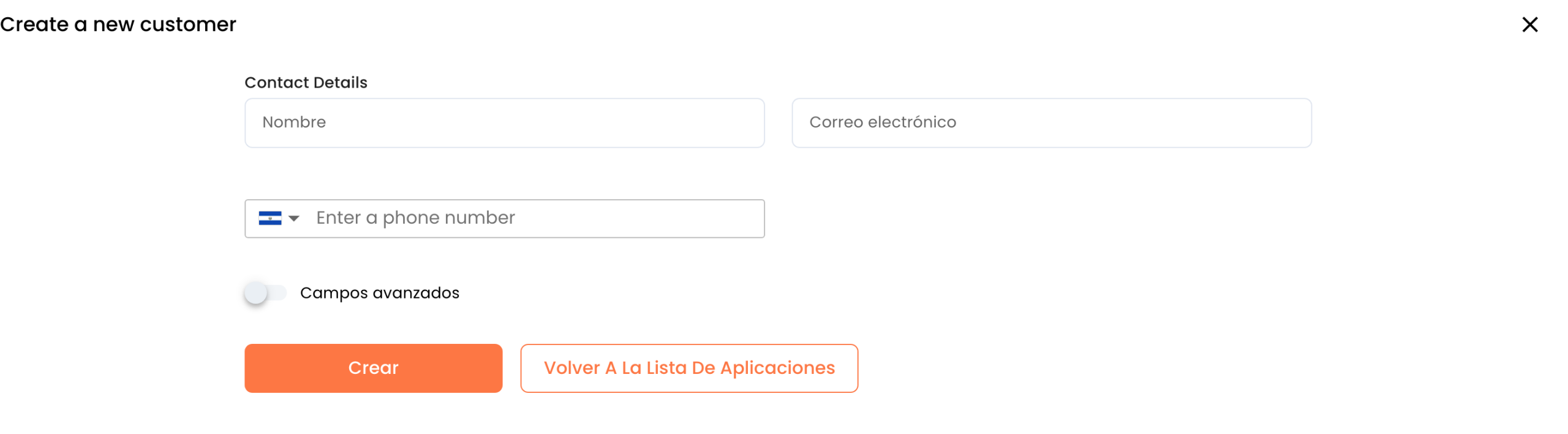 Formulario Create a new customer vacio