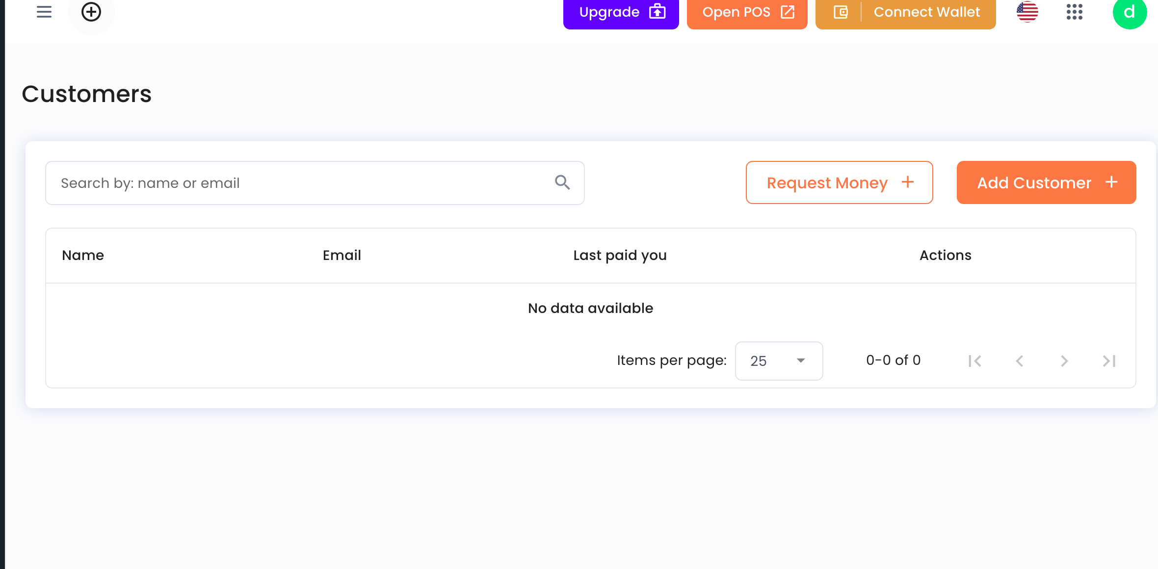 Customers page with Request Money and Add Customer