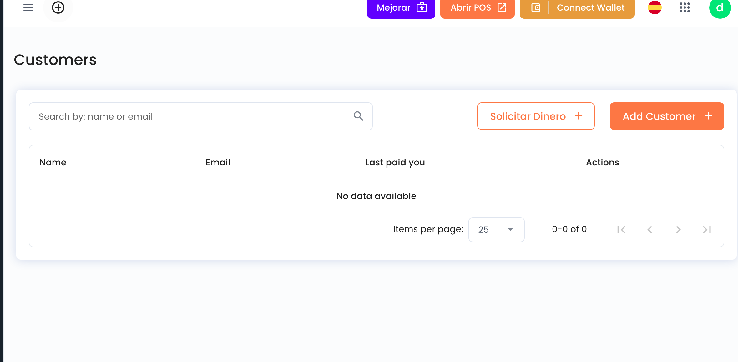 Pagina Customers con Solicitar Dinero y Add Customer