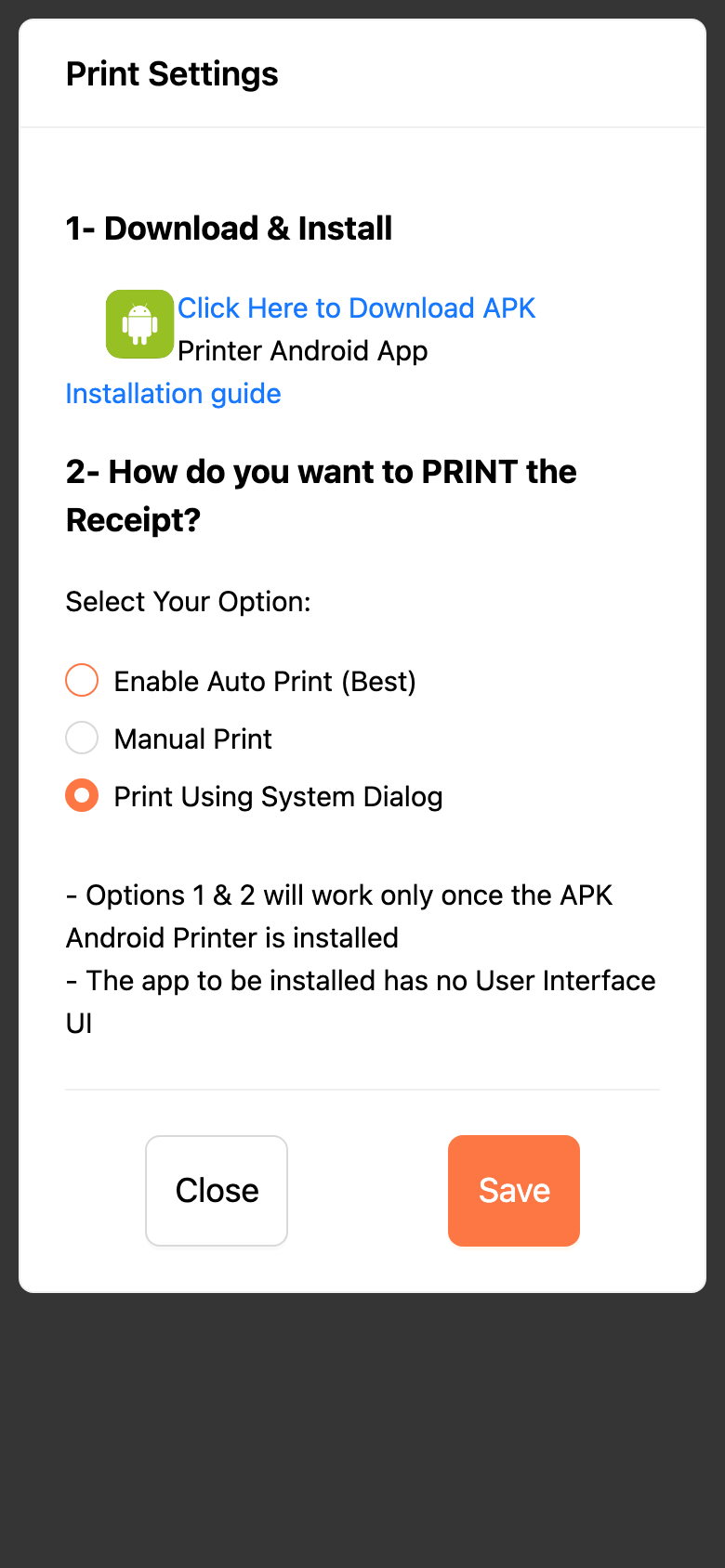Print Settings with the Android app link and the three print options