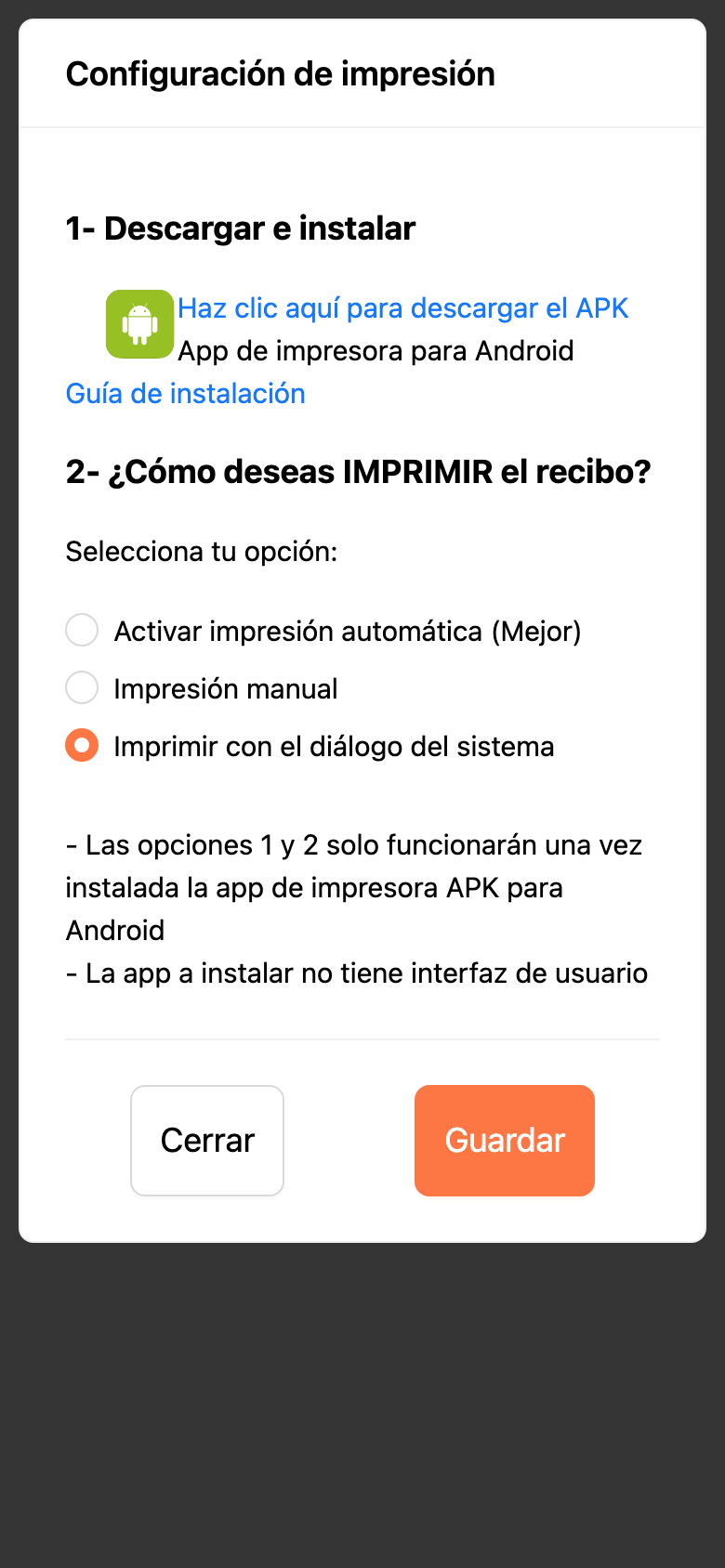 Configuracion de impresion con el enlace de la app y las tres opciones