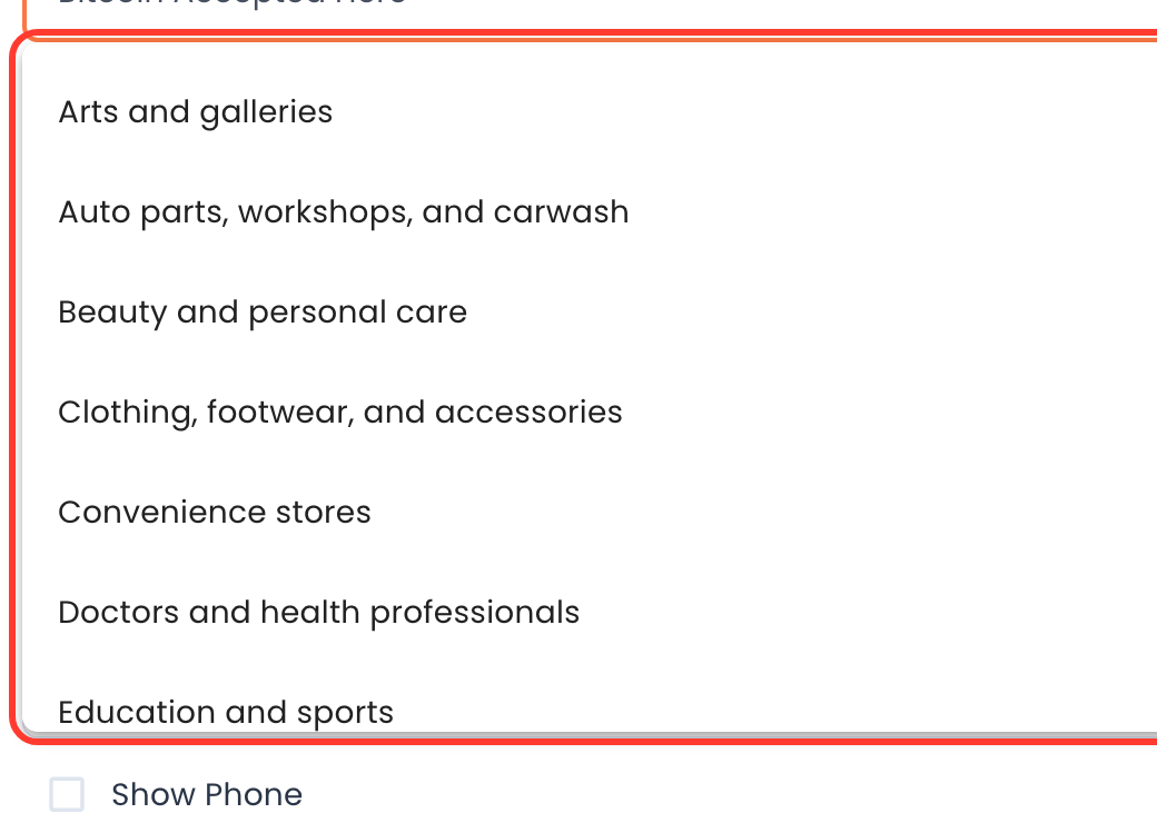 Business category list on My Bitcoin Place