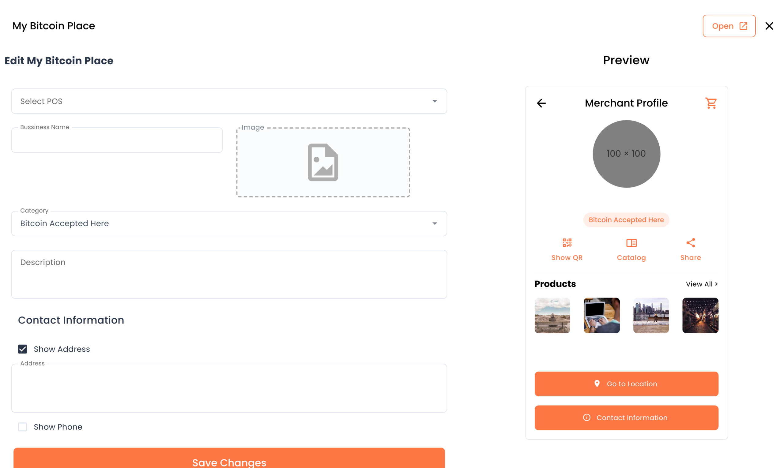 Edit My Bitcoin Place with the preview beside the form