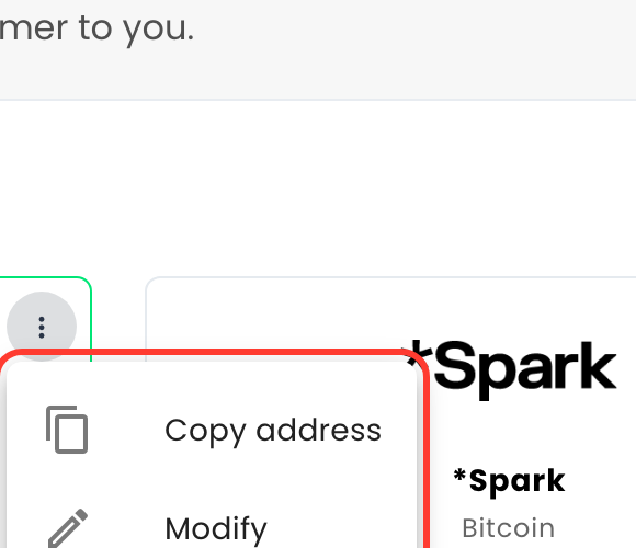 Menu of the only connected wallet, Copy address and Modify