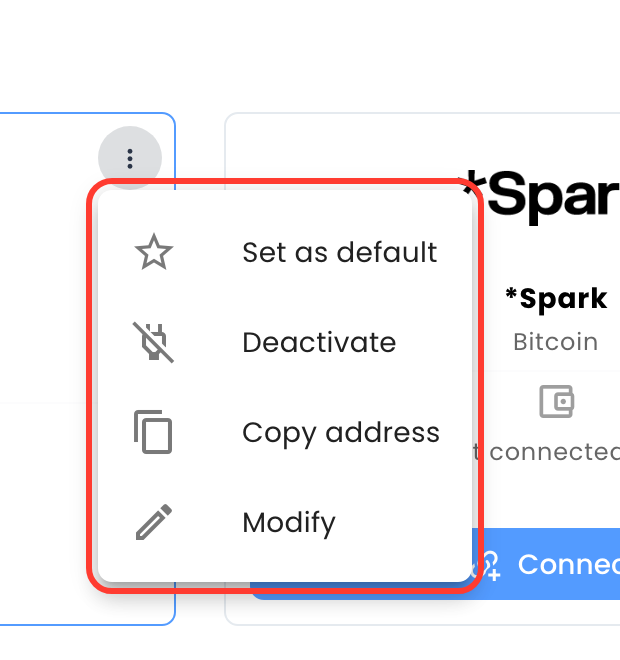 Menu of a wallet that is not the default