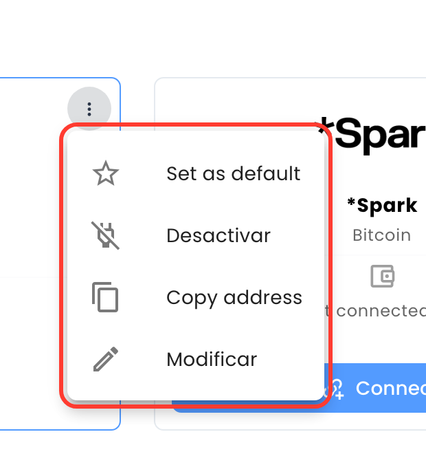 Menú de una wallet que no es la predeterminada