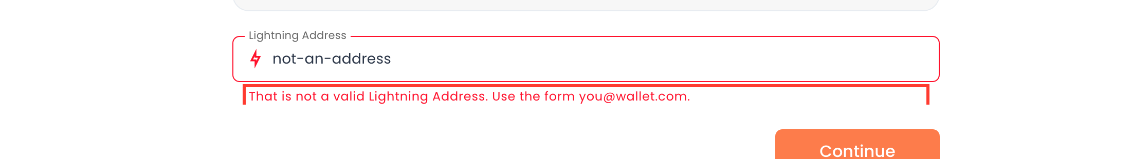 Lightning Address field with the format message