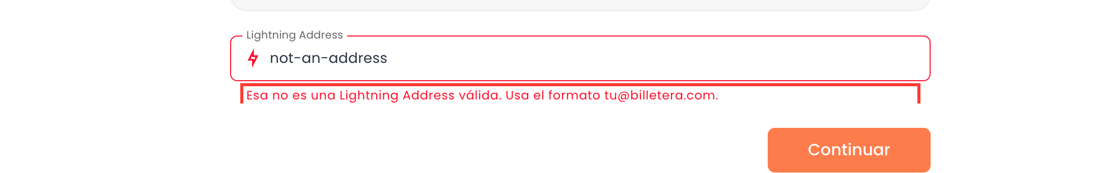 Campo Lightning Address con el mensaje de formato