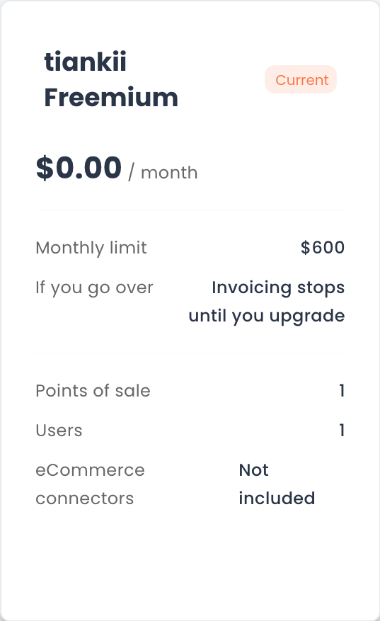 tiankii Freemium card marked Current, at 0.00 per month, with a monthly limit of 600