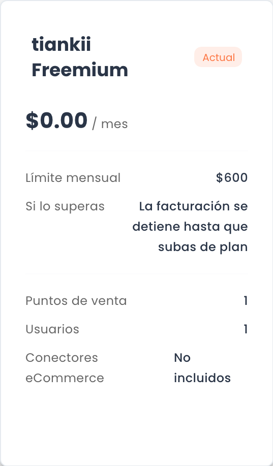 Tarjeta tiankii Freemium marcada Actual, a 0.00 por mes, con límite mensual de 600