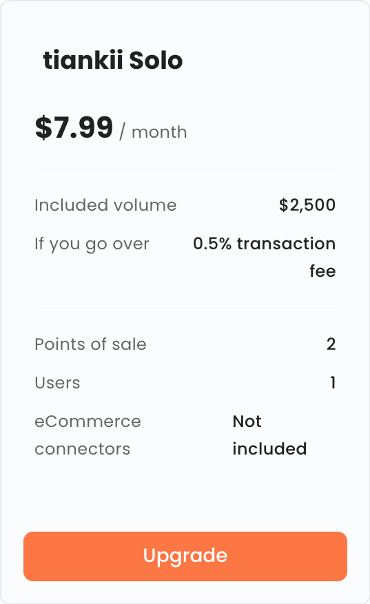 tiankii Solo card at 7.99 per month, with included volume of 2500