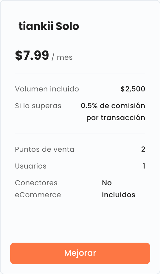 Tarjeta tiankii Solo a 7.99 por mes, con volumen incluido de 2500