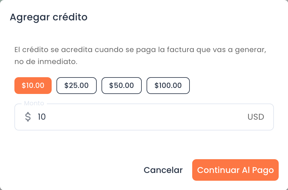 Diálogo Agregar crédito con 10, 25, 50 y 100 dólares, y Continuar Al Pago