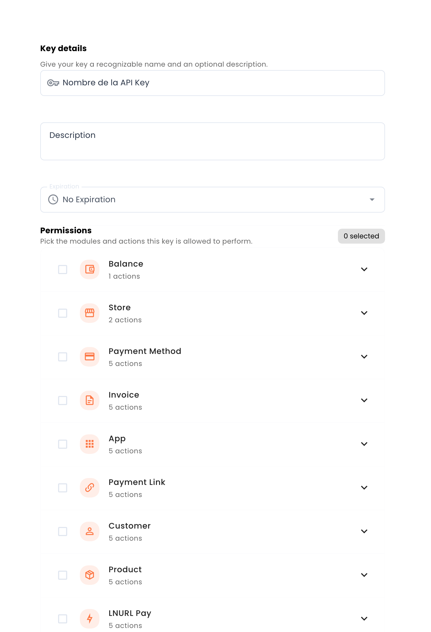 Formulario Create API Key vacio