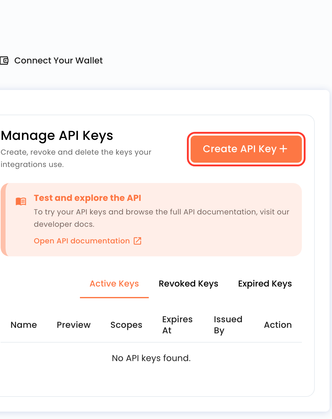 Manage API Keys with Active, Revoked, and Expired tabs