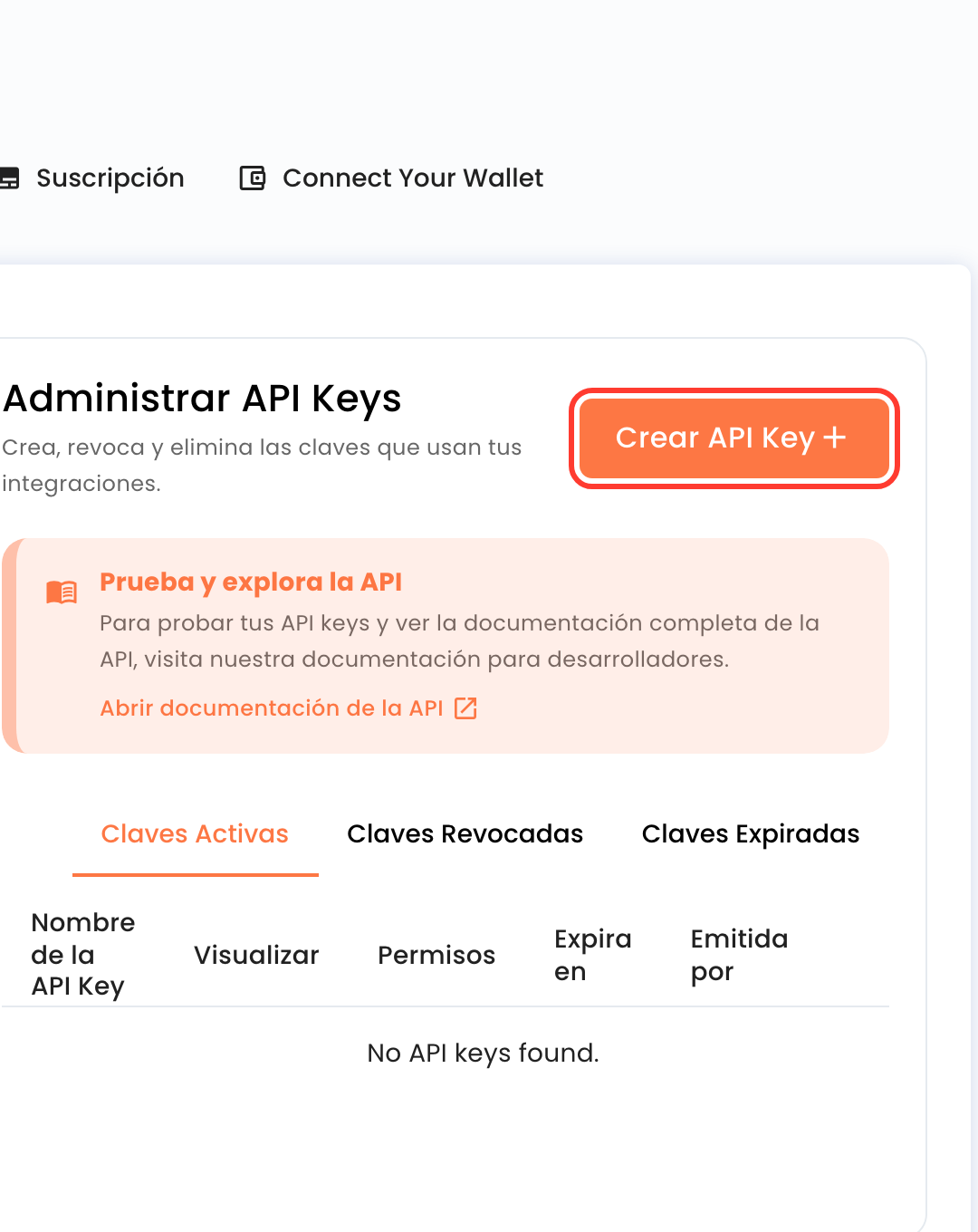 Administrar API Keys con las pestanas Activas, Revocadas y Expiradas
