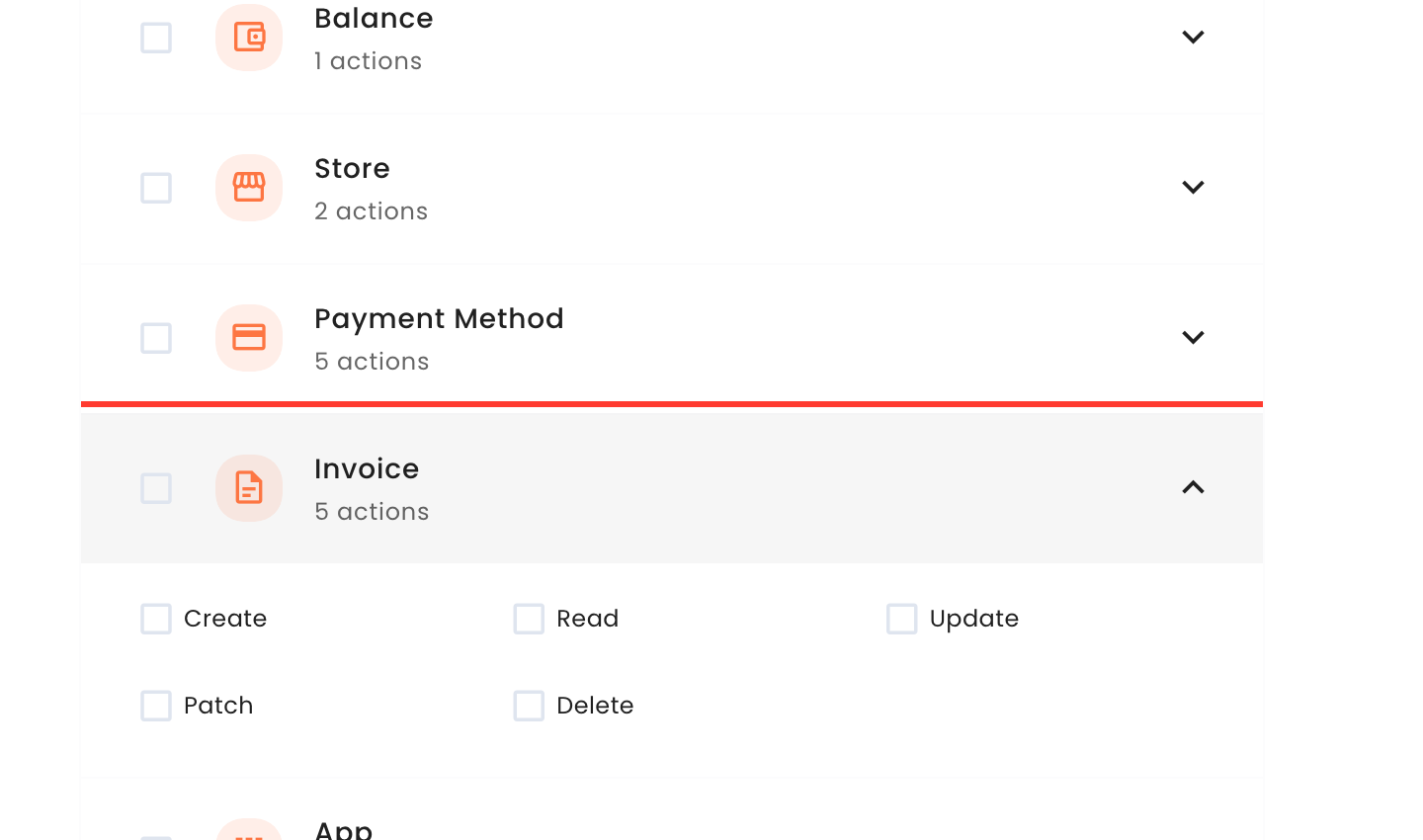 Permisos de Invoice con Create, Read, Update, Patch y Delete