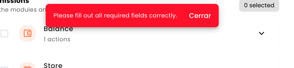 Aviso de validacion en un formulario de API key vacio