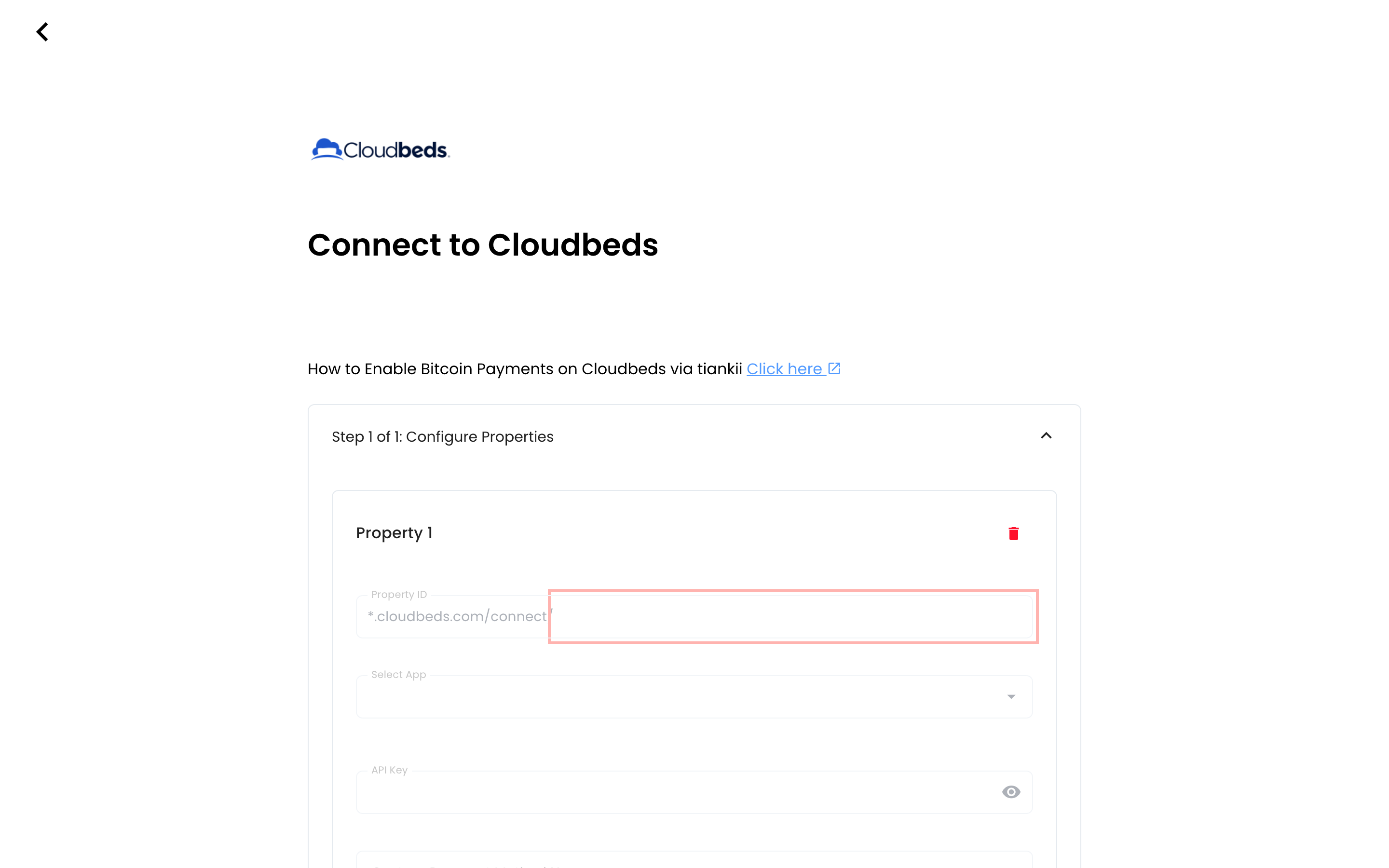 Cloudbeds properties form, with the property id and the API key empty