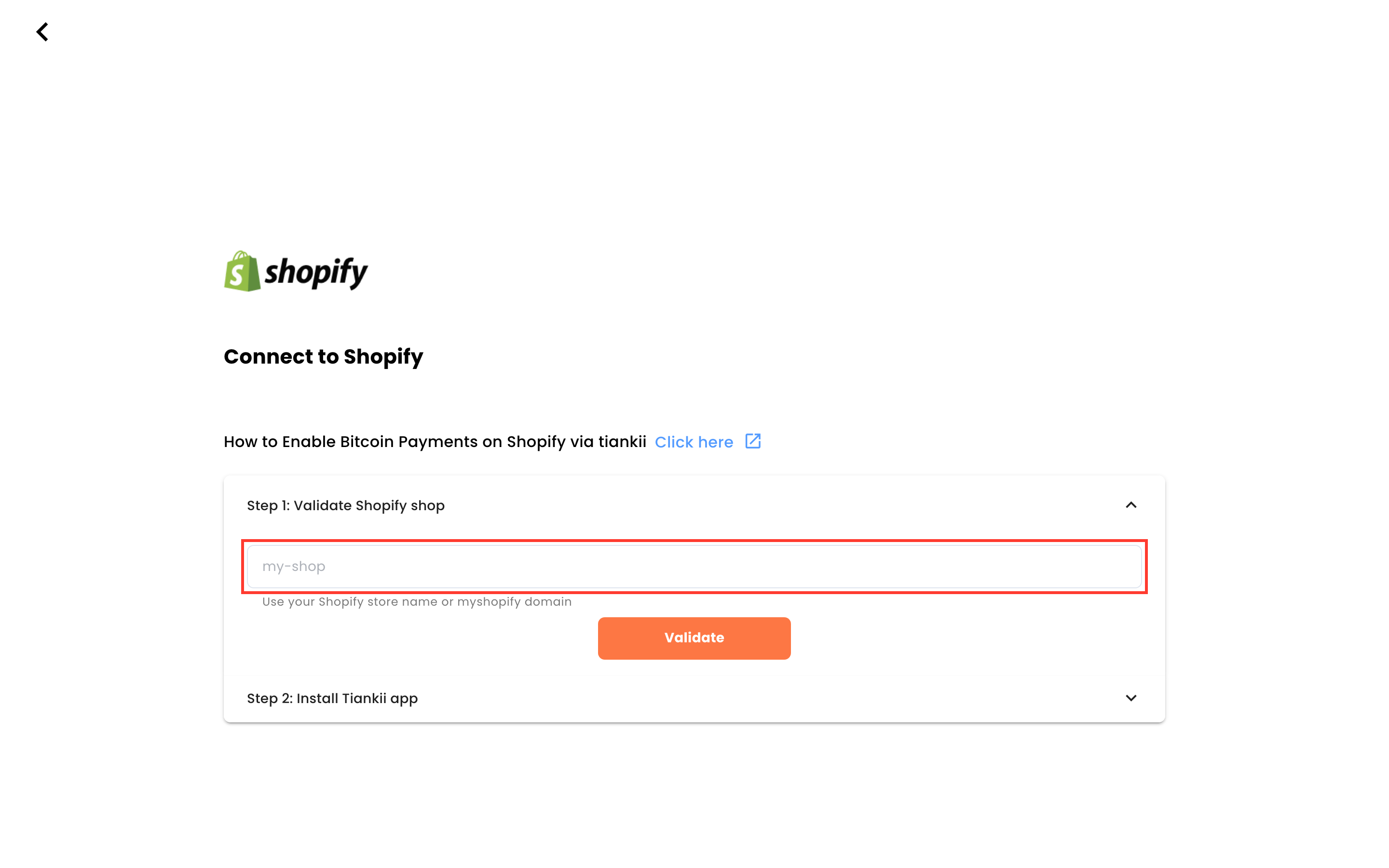 Shopify step 1, store name or myshopify domain