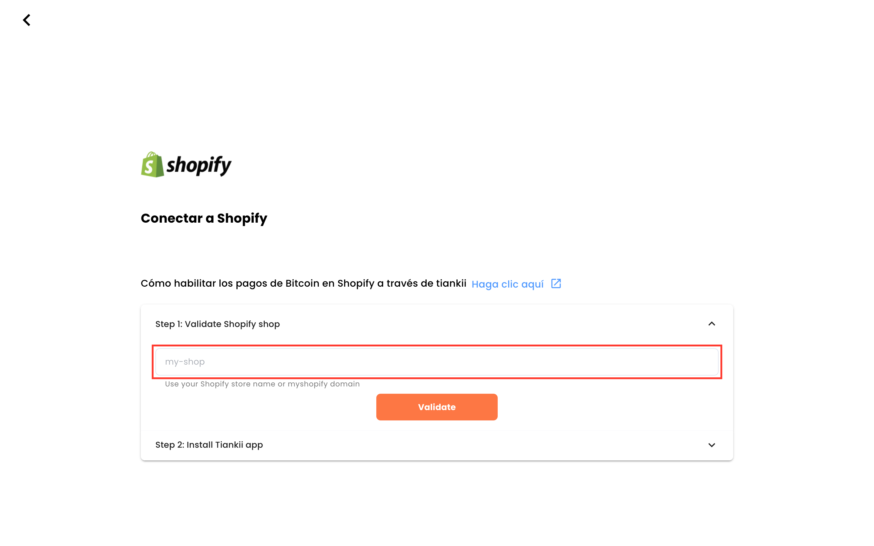 Shopify paso 1, nombre de tienda o dominio myshopify