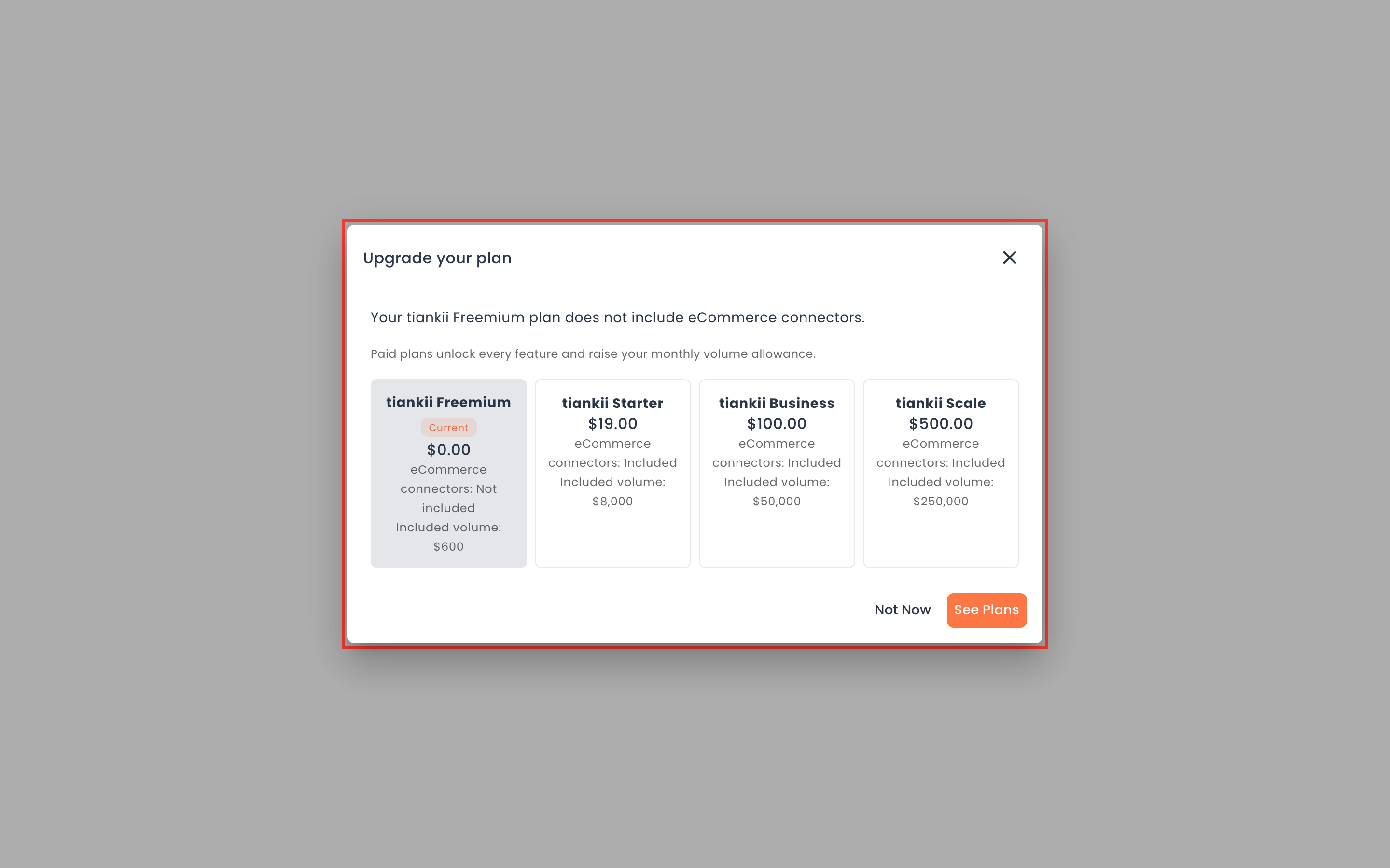 Upgrade your plan, eCommerce connectors from Starter