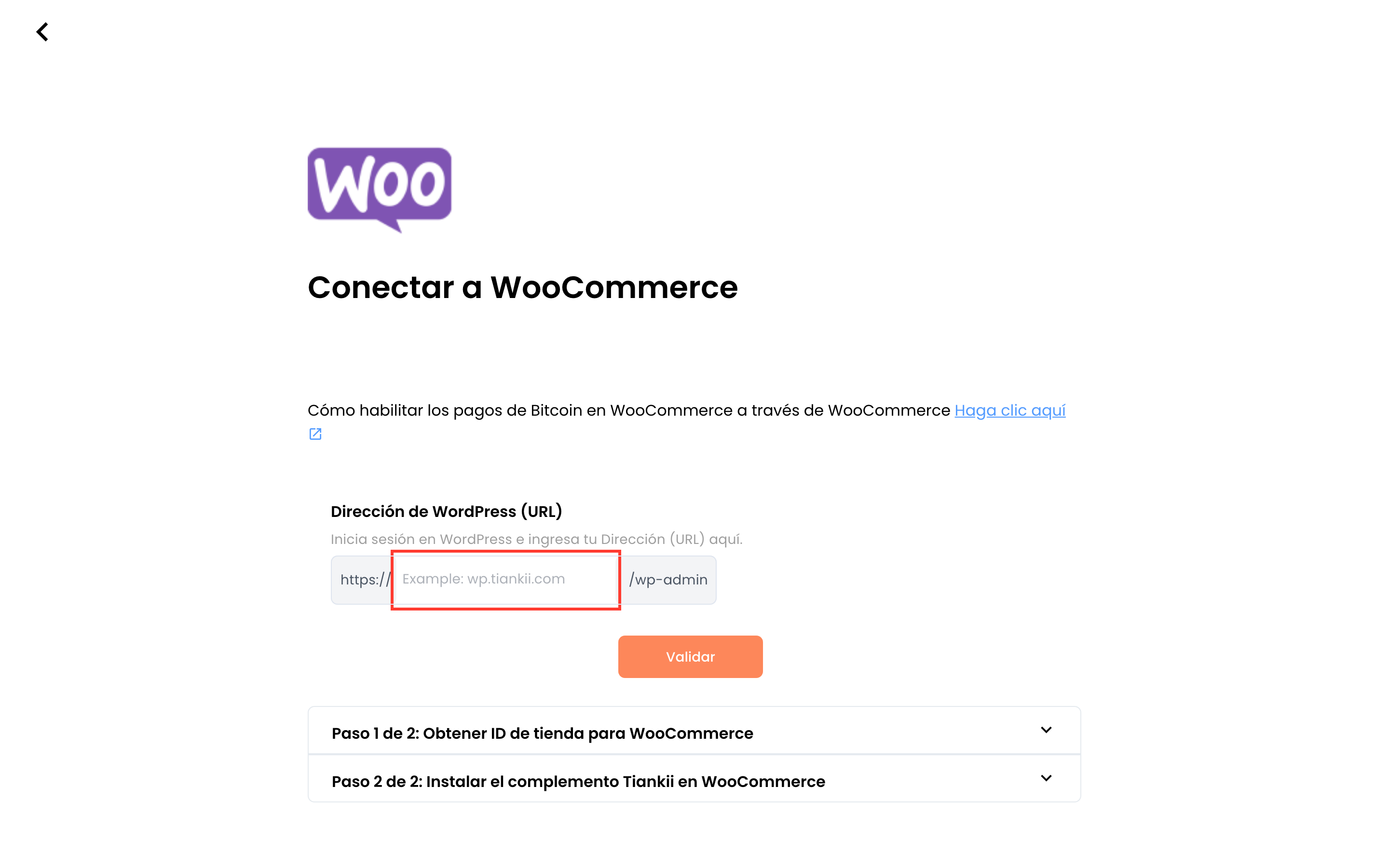 Formulario de WooCommerce, dirección de WordPress y los dos títulos de paso