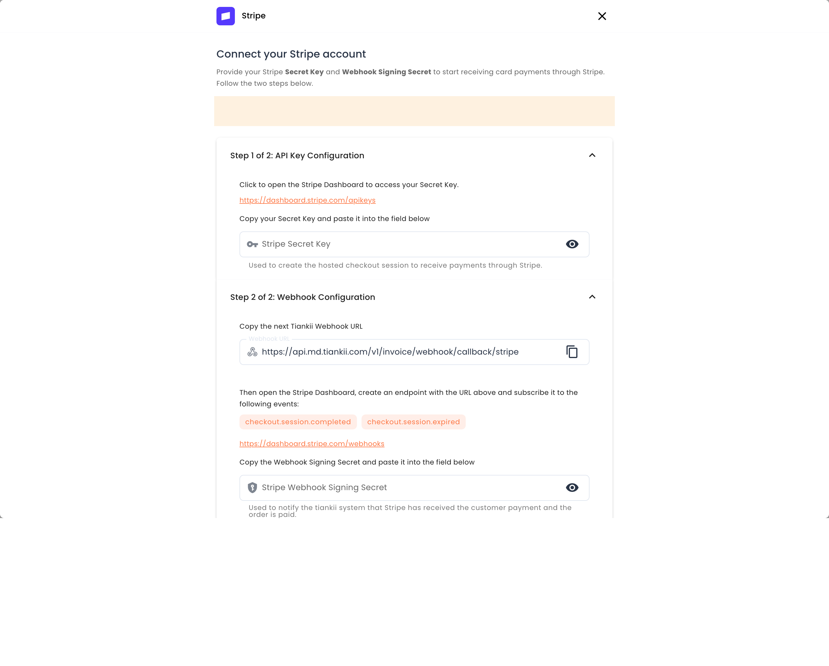 Empty Stripe form, Secret Key and Webhook URL