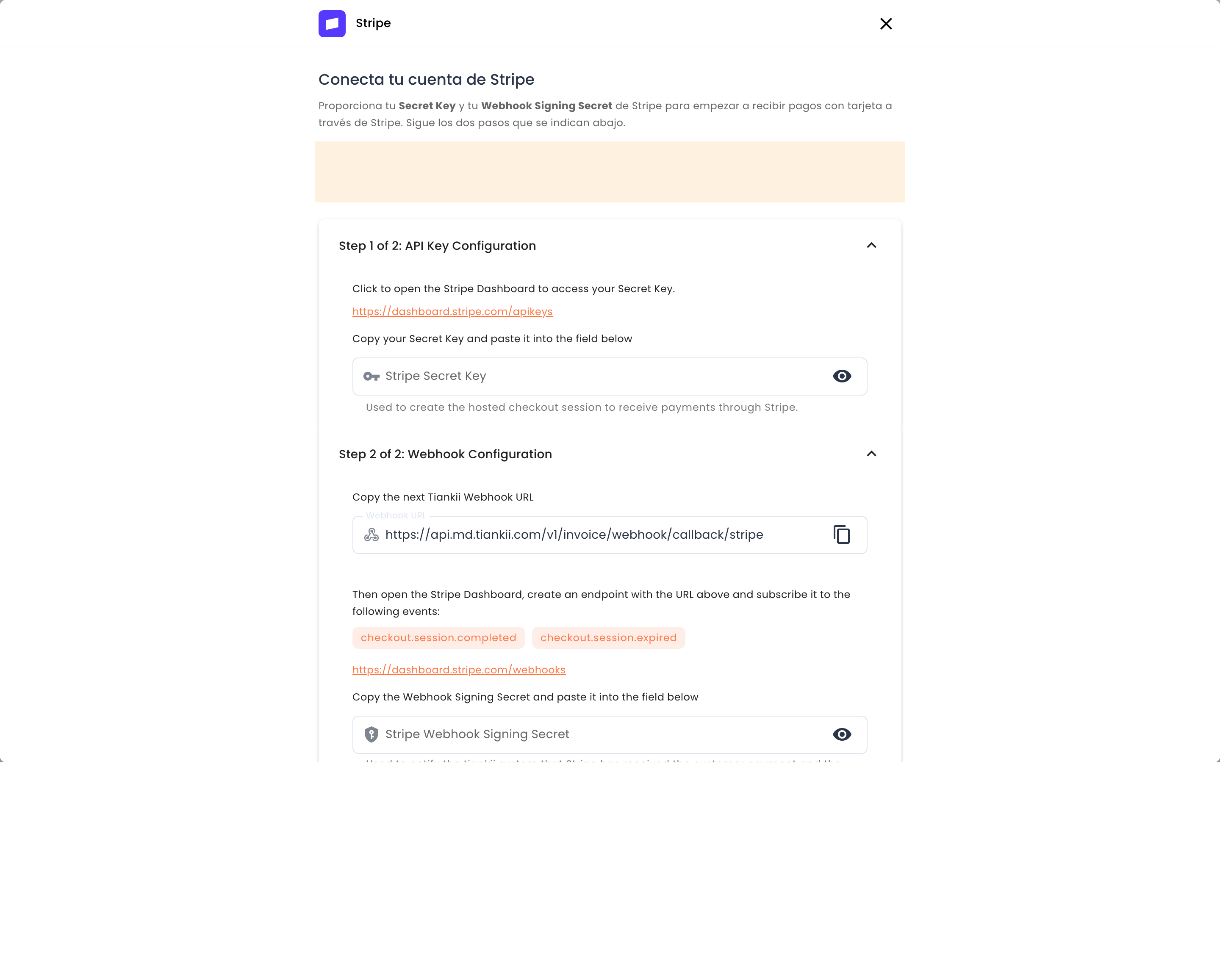 Formulario vacío de Stripe, con la Webhook URL de solo lectura