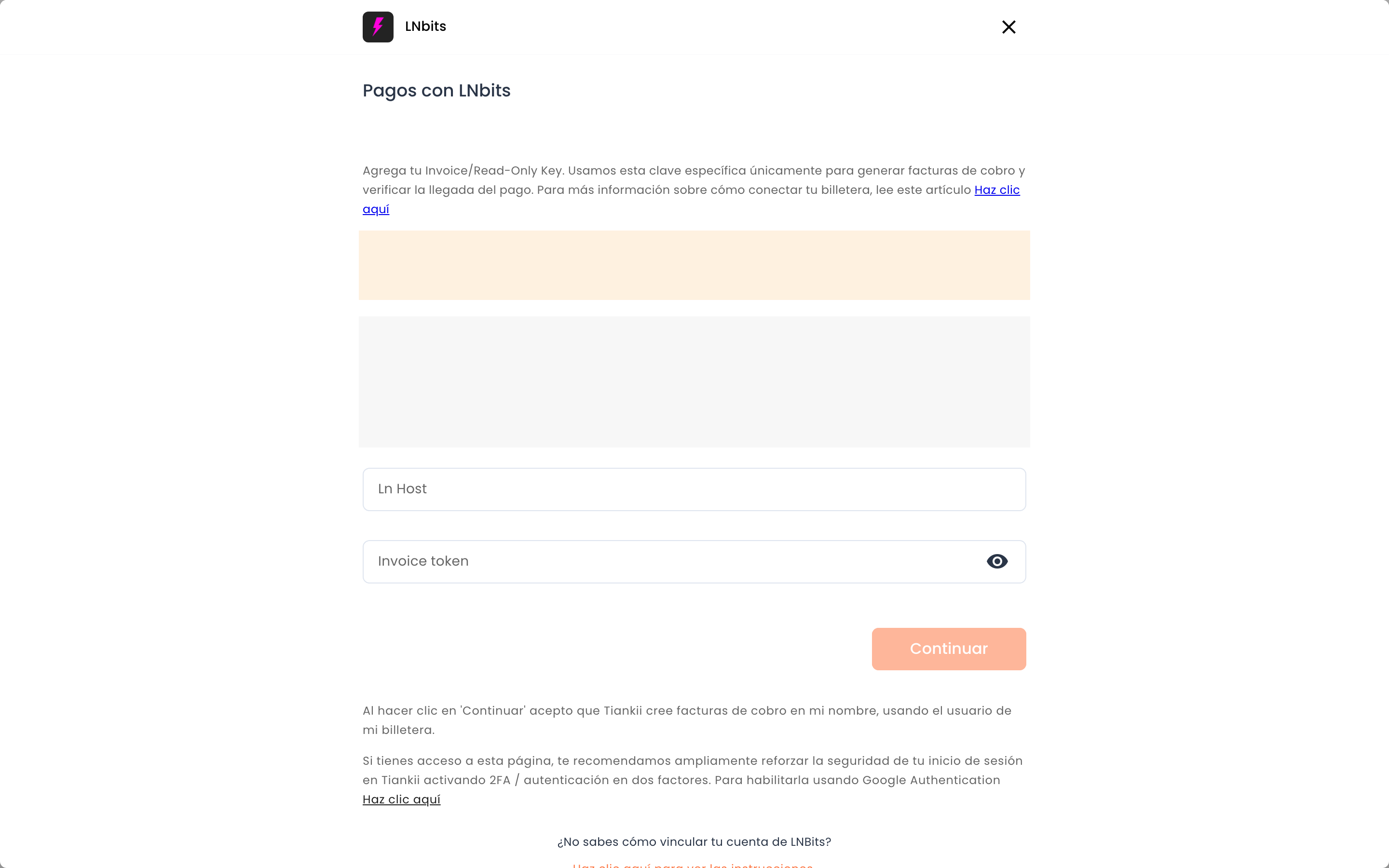 Formulario vacío de LNbits, Ln Host e Invoice token